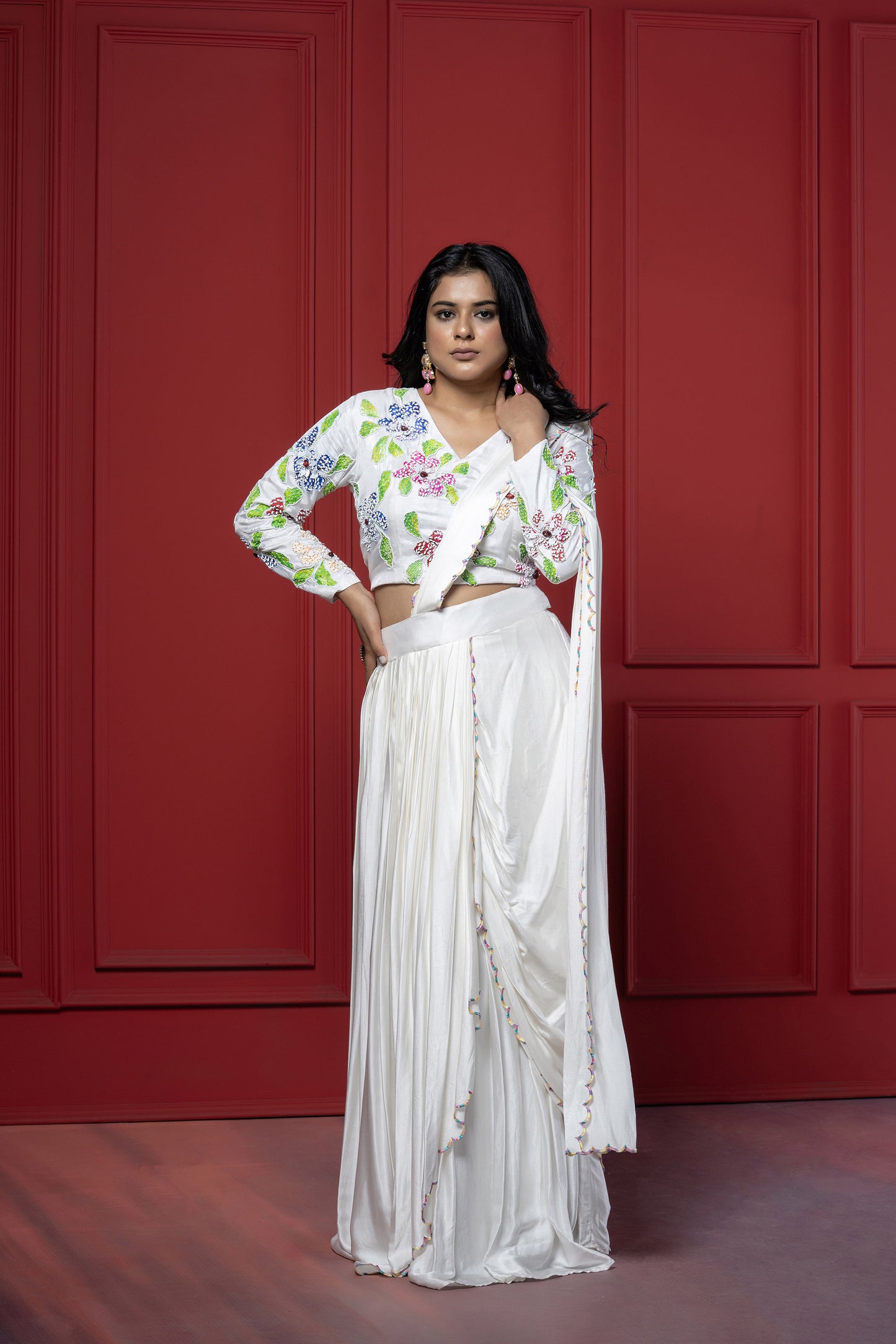 White Upada Silk Hand-Painted Saree