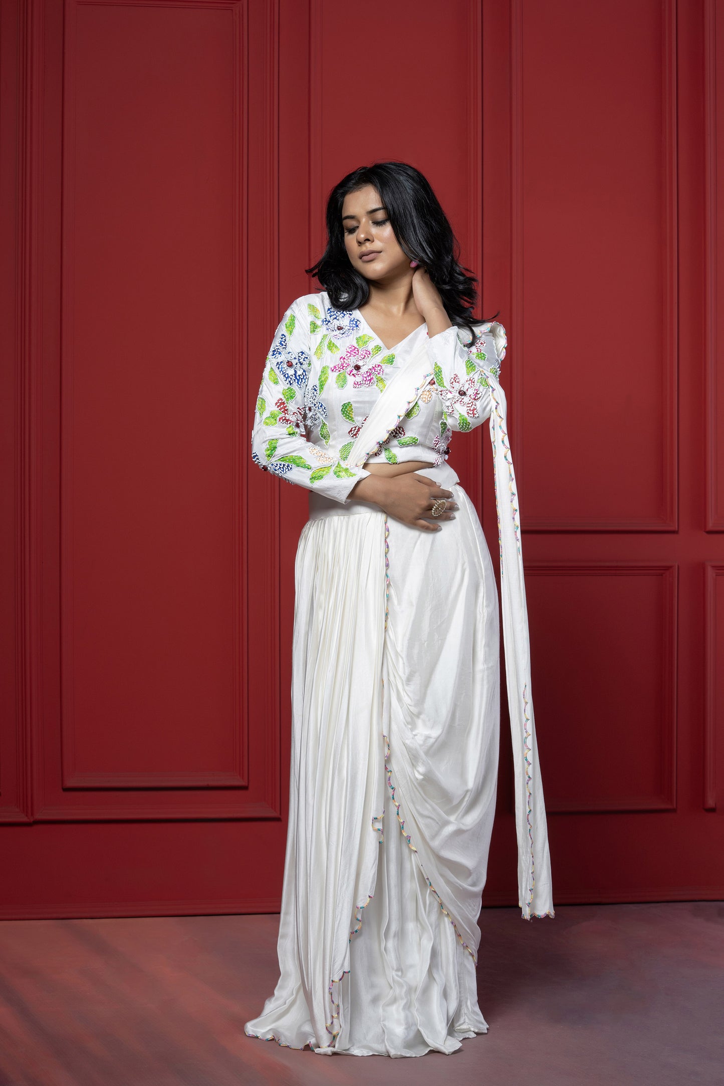 White Upada Silk Hand-Painted Saree