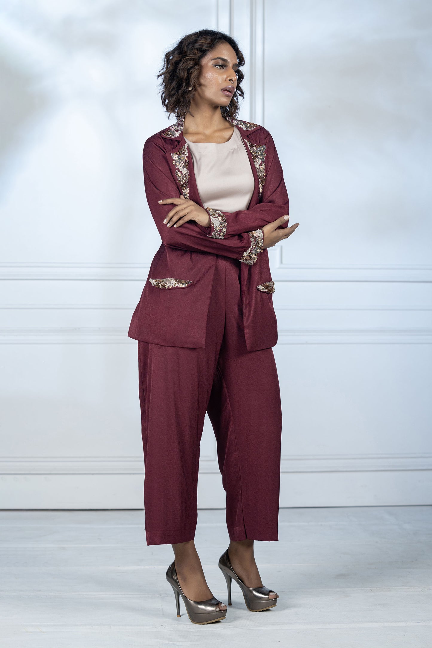 Maroon Blazer Pant Set