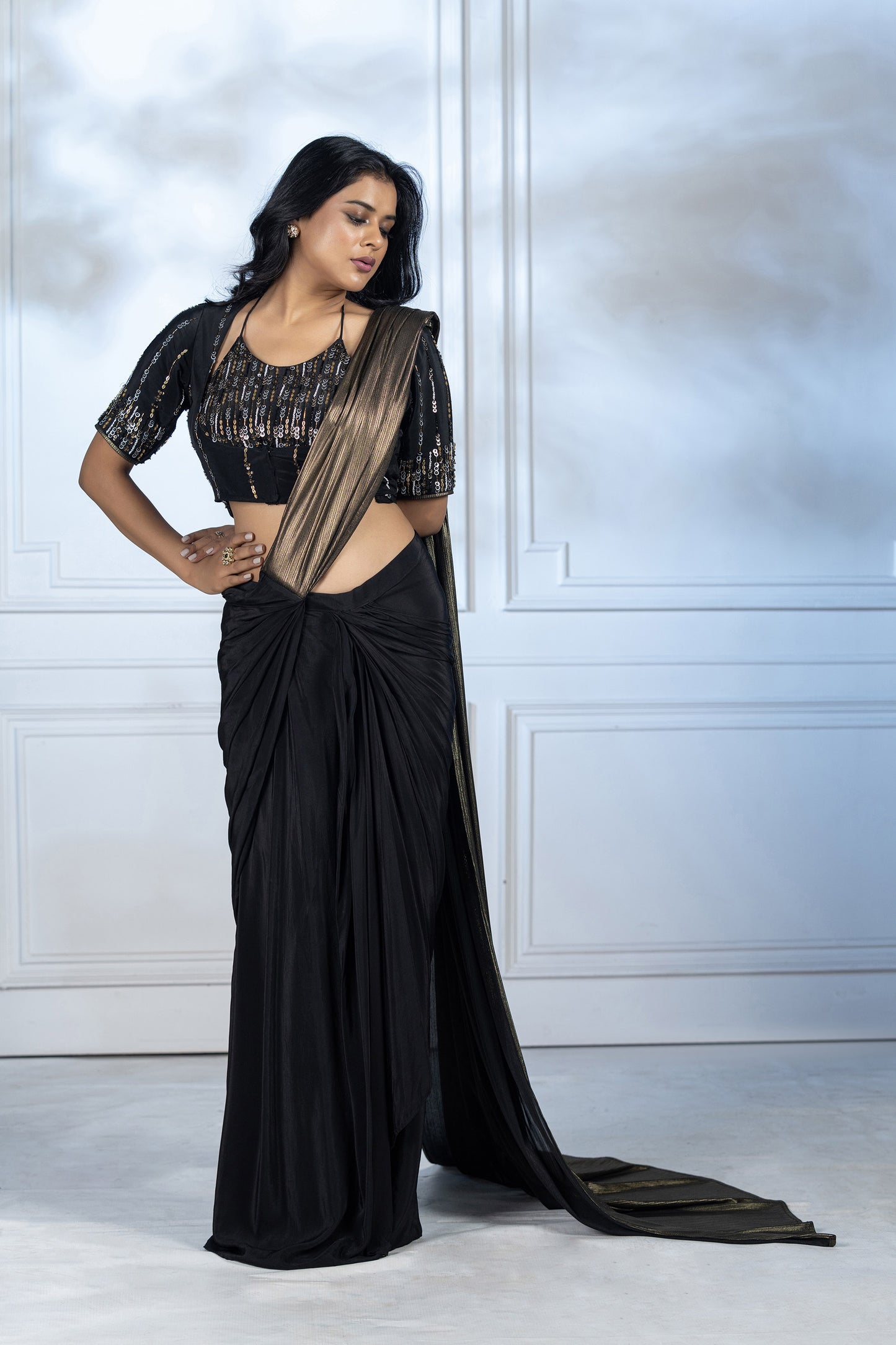 2 in 1 Black and Gold Sequence Drape Saree