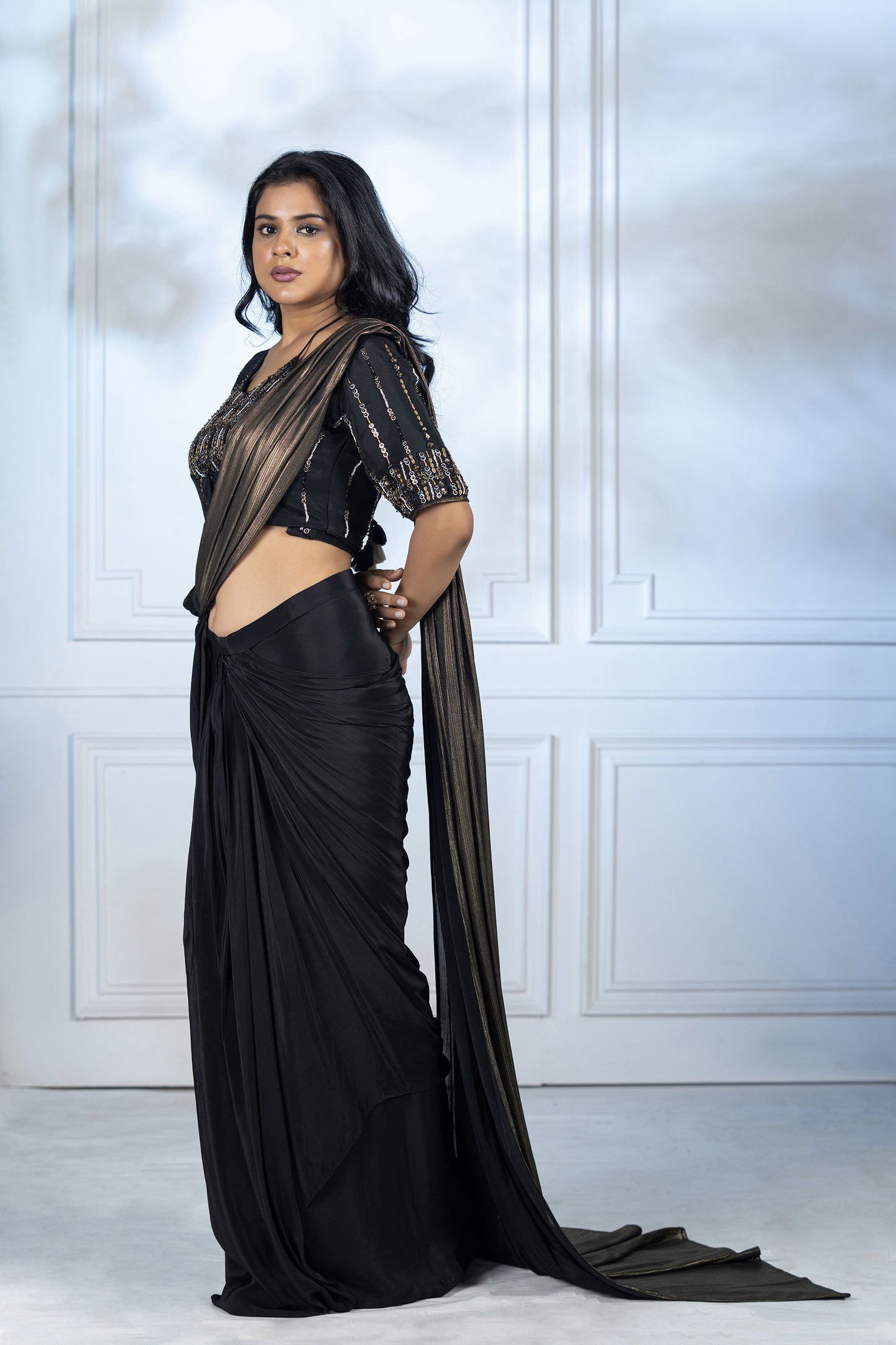 2 in 1 Black and Gold Sequence Drape Saree