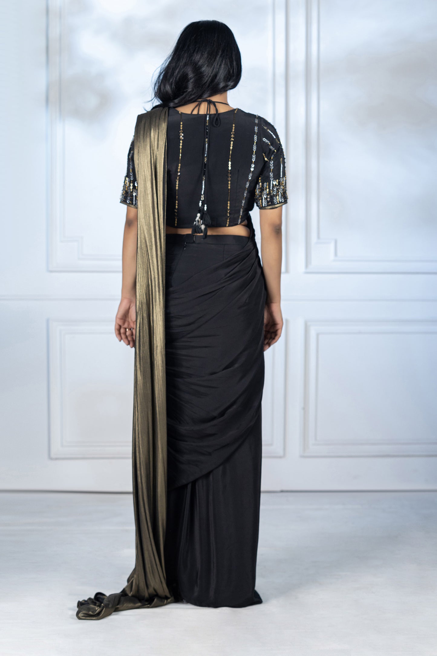 2 in 1 Black and Gold Sequence Drape Saree