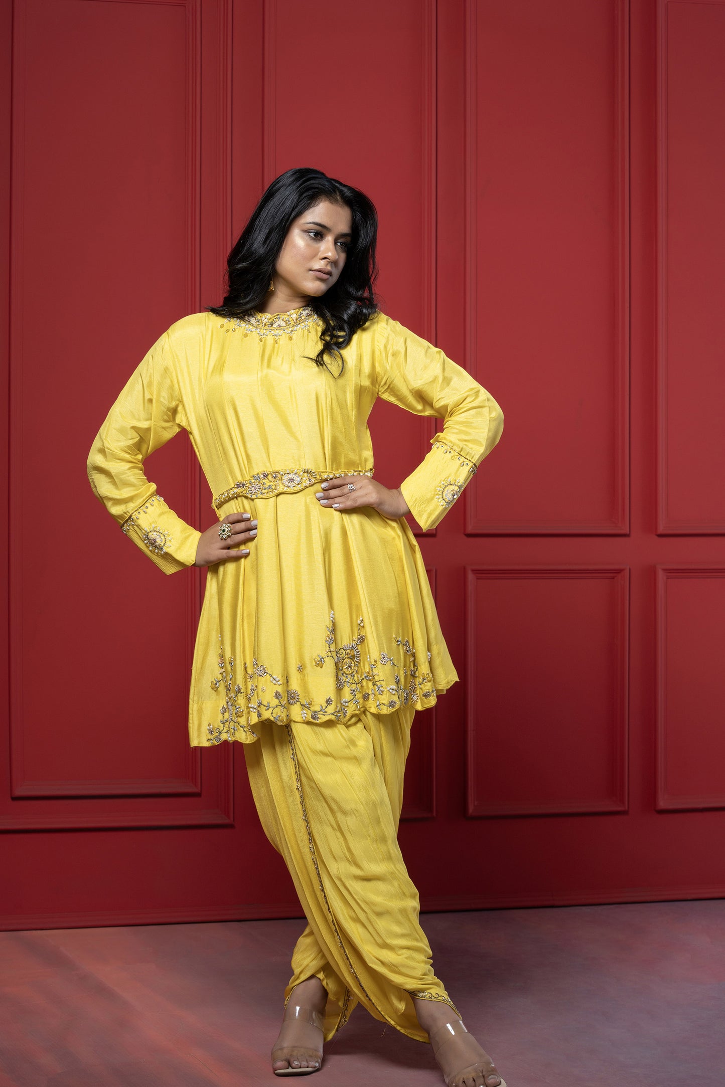 Yellow Dola Silk 3-Piece Peplum Dhoti Set