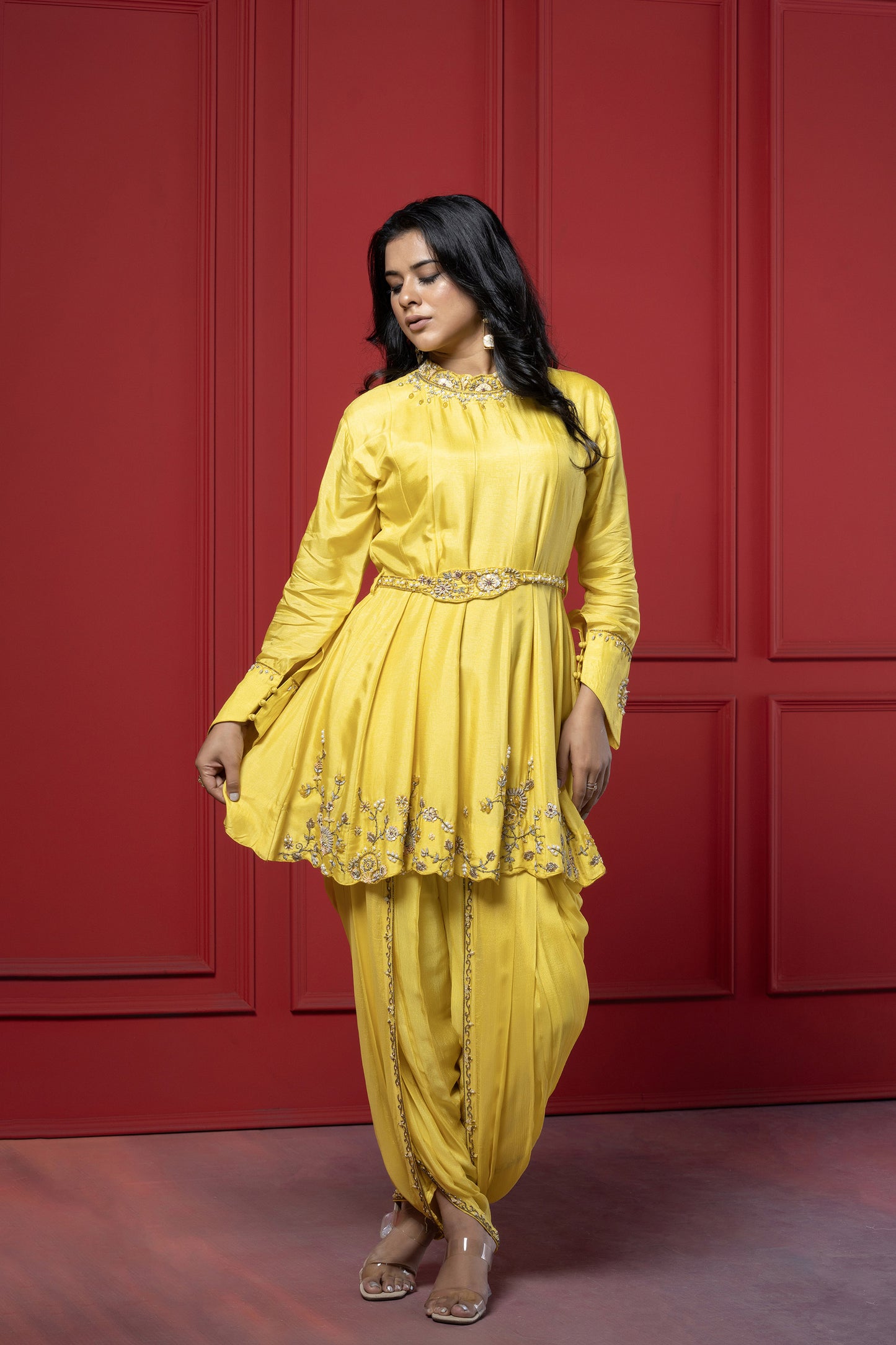 Yellow Dola Silk 3-Piece Peplum Dhoti Set