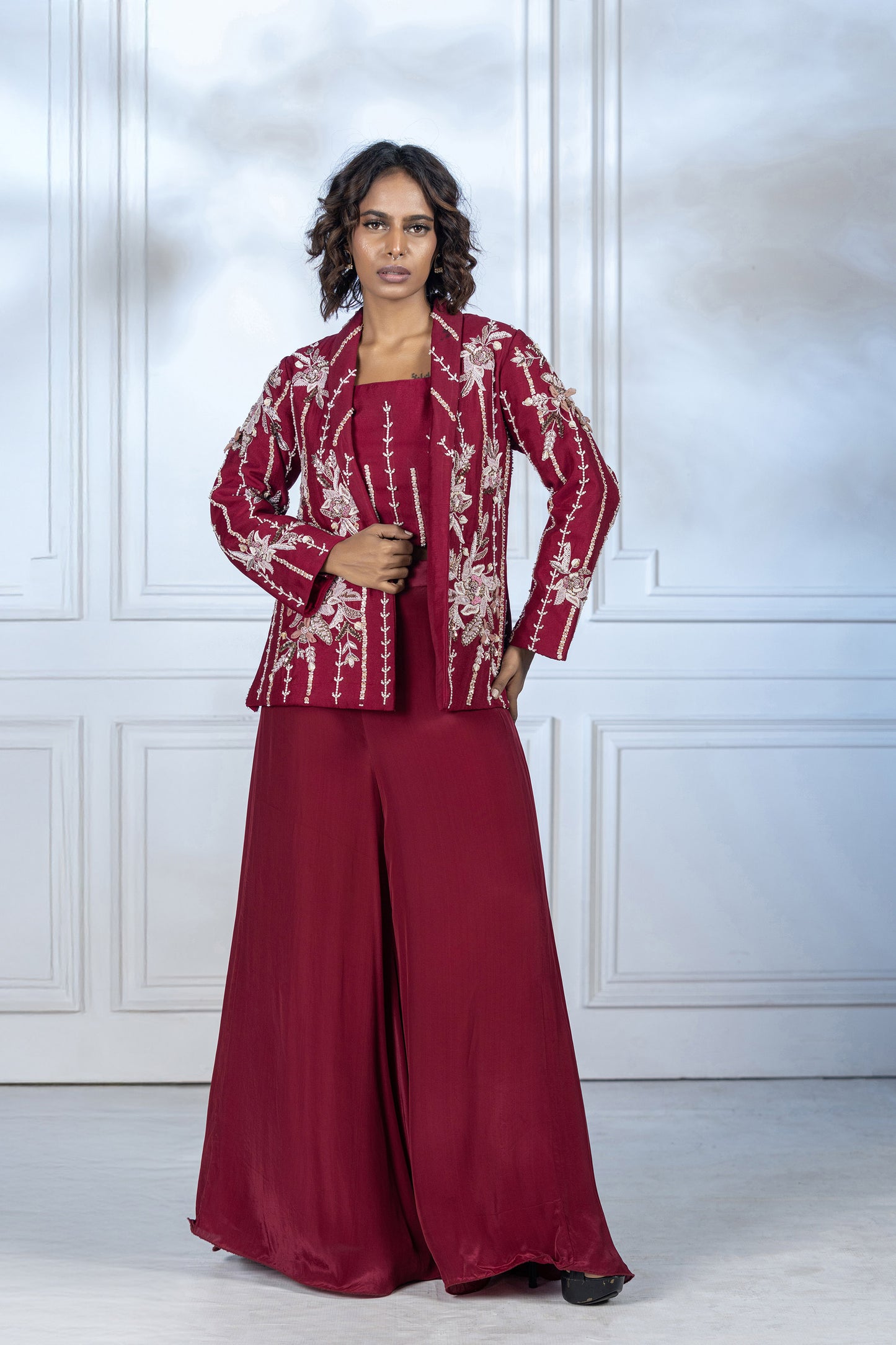 Maroon Upada Silk Embroidered Applique 3 Piece Set