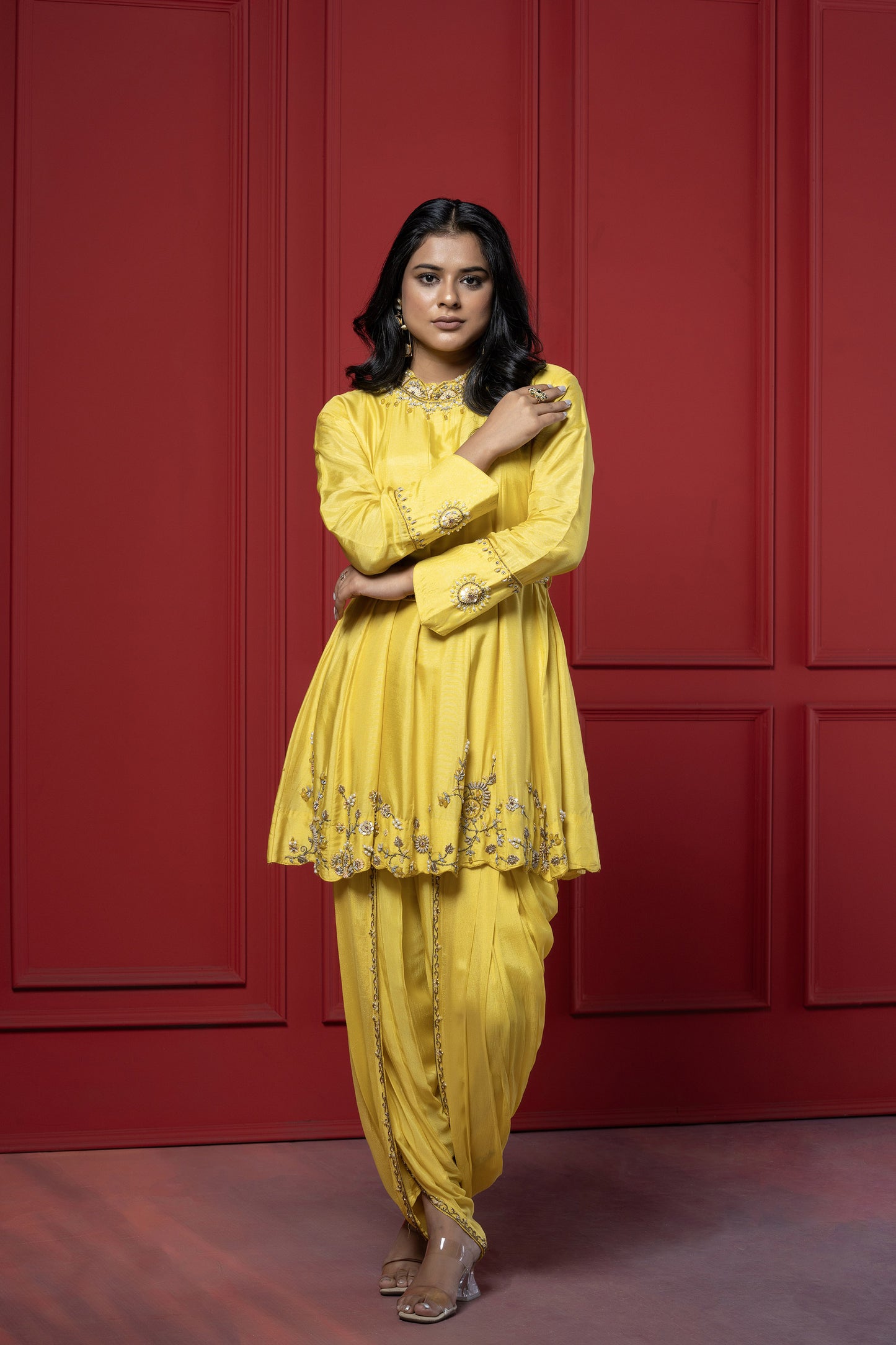 Yellow Dola Silk 3-Piece Peplum Dhoti Set