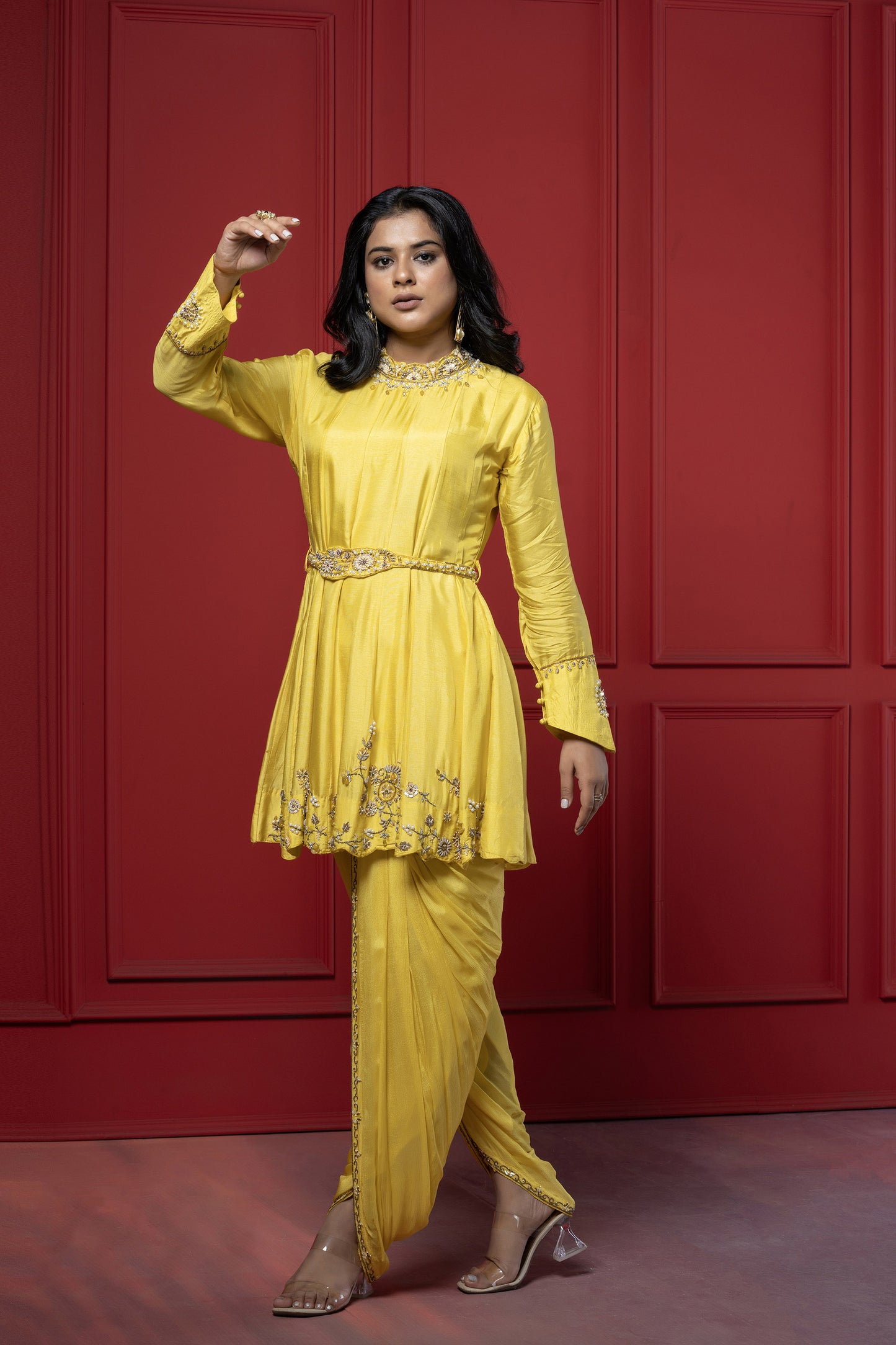 Yellow Dola Silk 3-Piece Peplum Dhoti Set