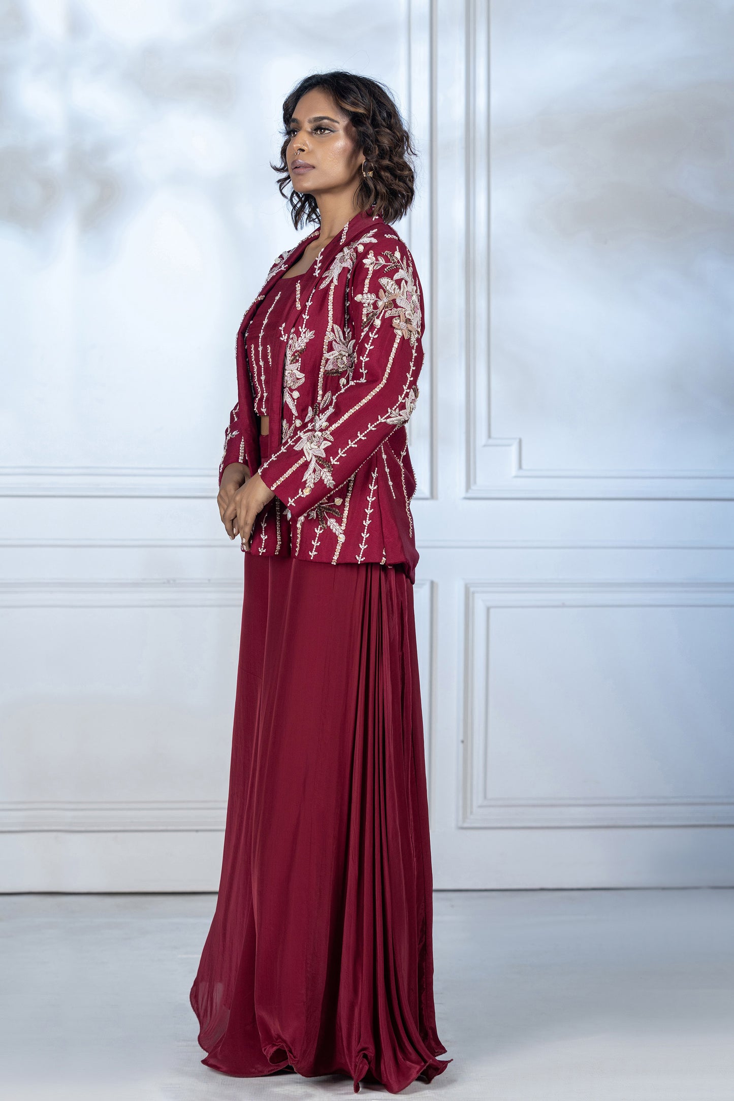 Maroon Upada Silk Embroidered Applique 3 Piece Set