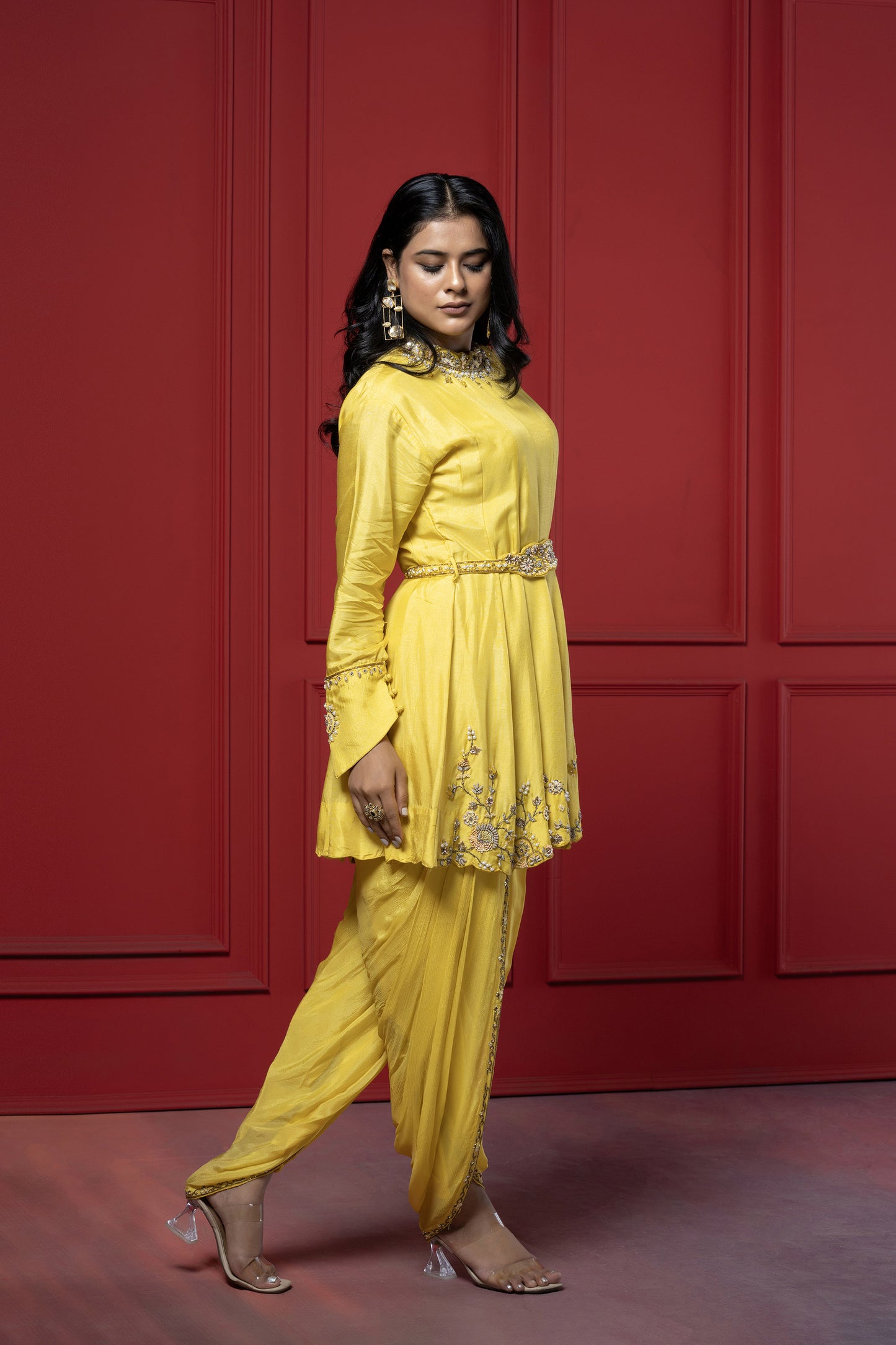 Yellow Dola Silk 3-Piece Peplum Dhoti Set