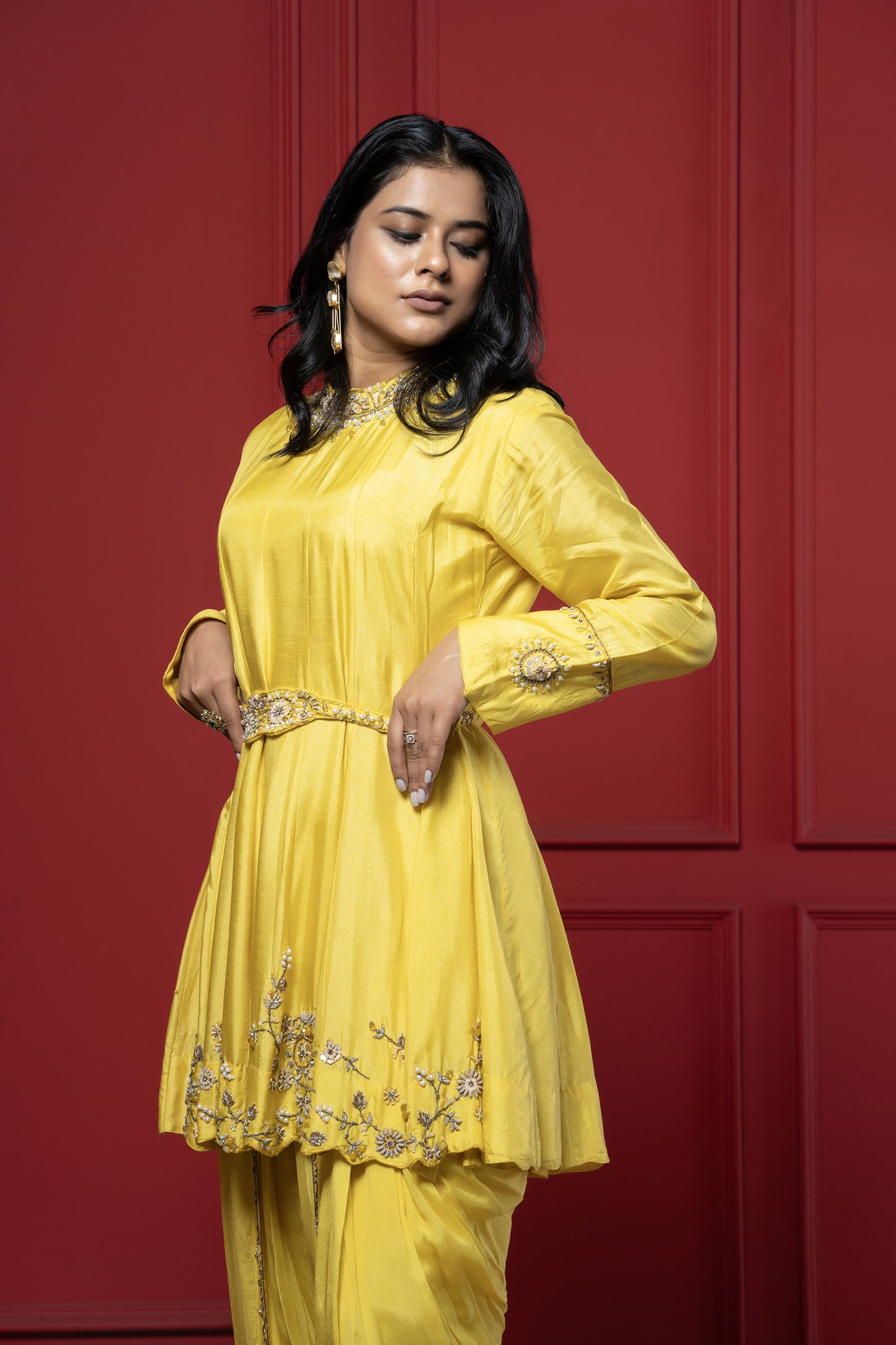 Yellow Dola Silk 3-Piece Peplum Dhoti Set