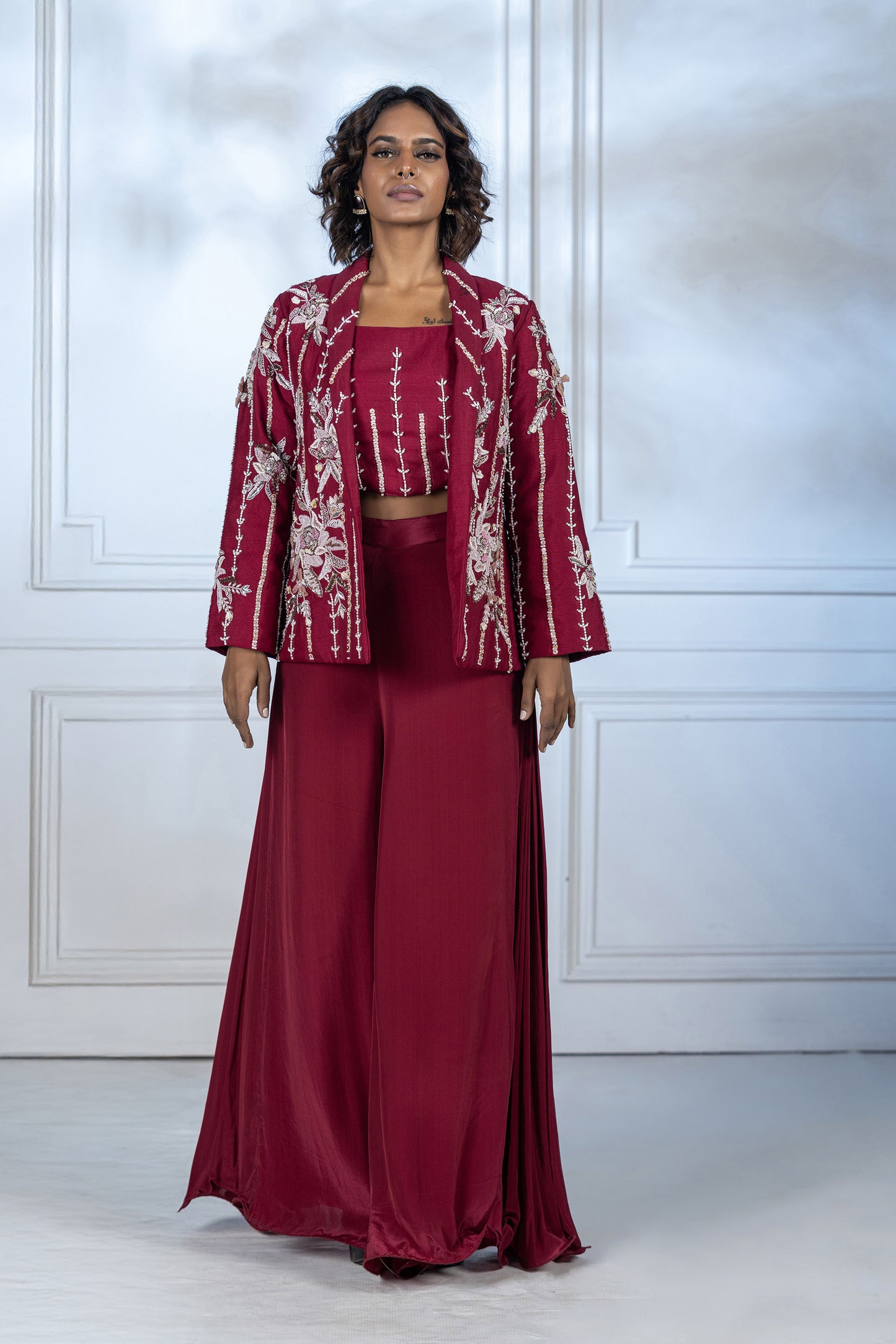 Maroon Upada Silk Embroidered Applique 3 Piece Set