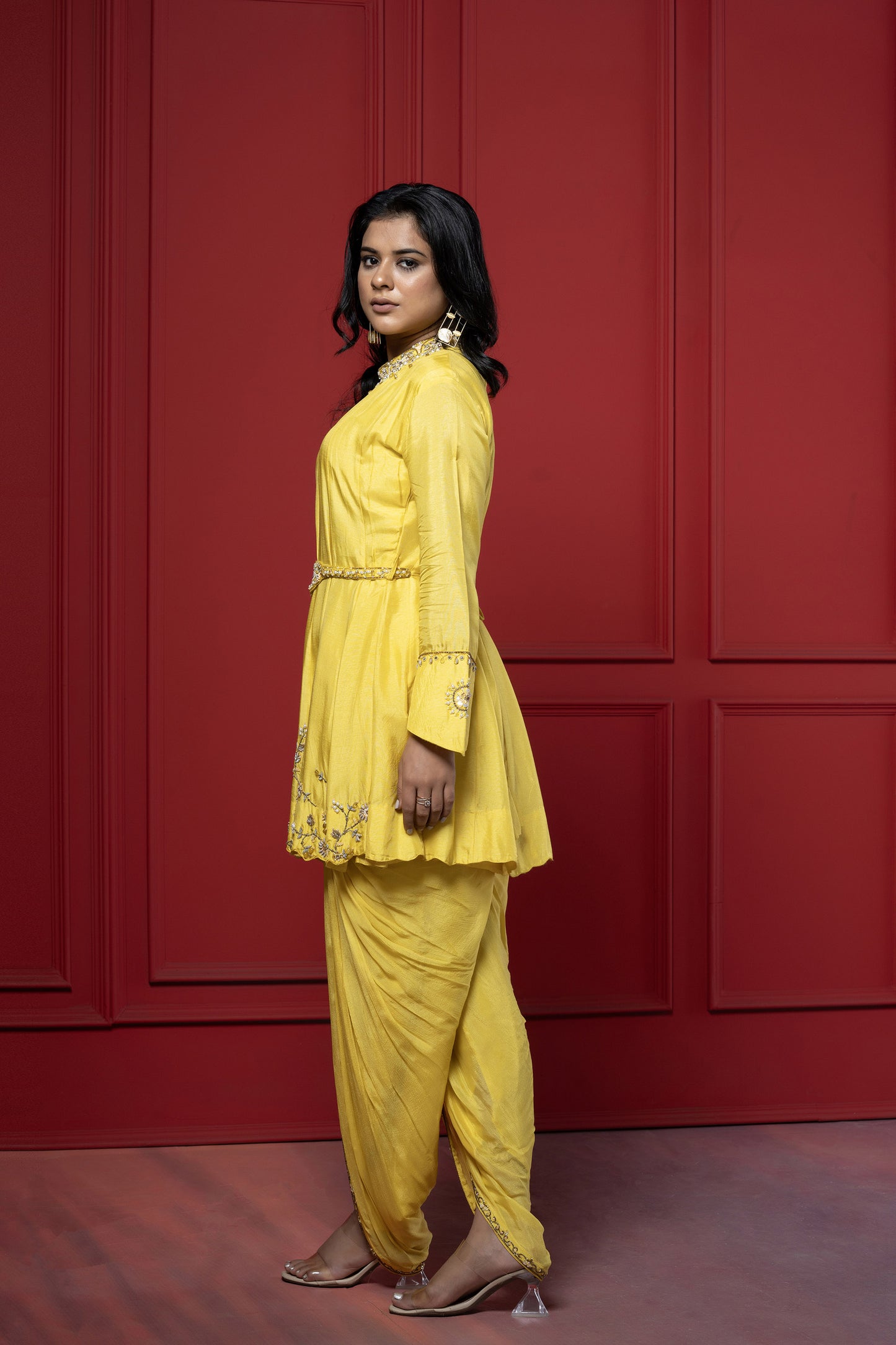 Yellow Dola Silk 3-Piece Peplum Dhoti Set