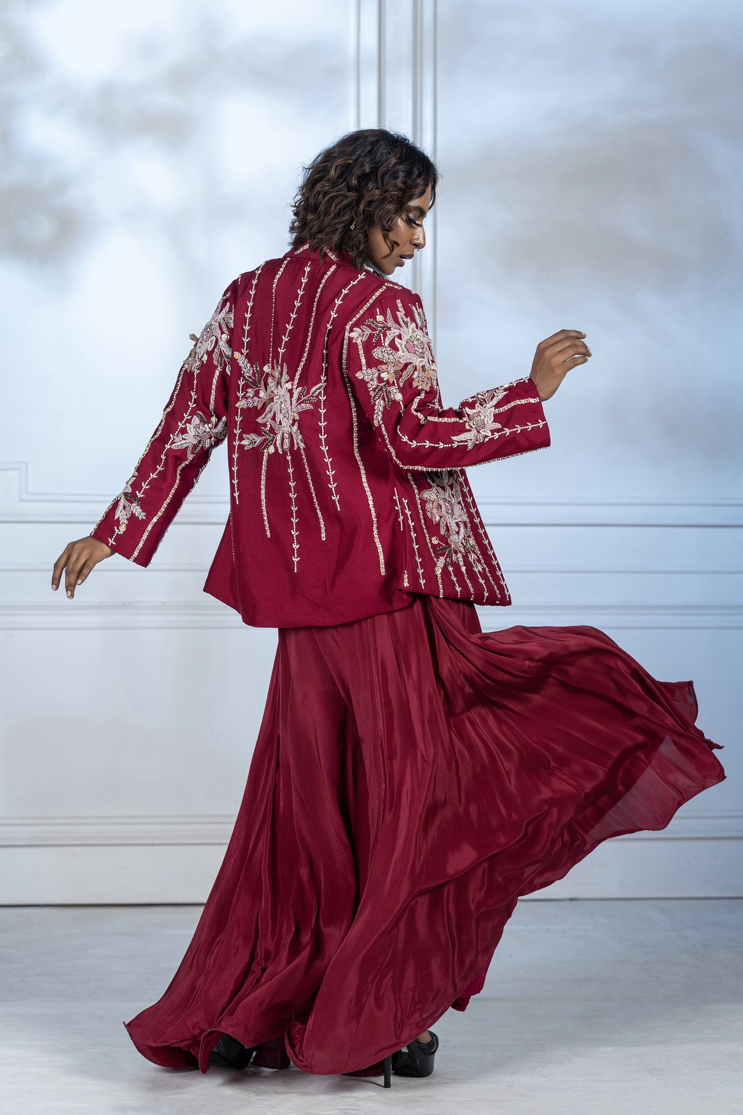 Maroon Upada Silk Embroidered Applique 3 Piece Set