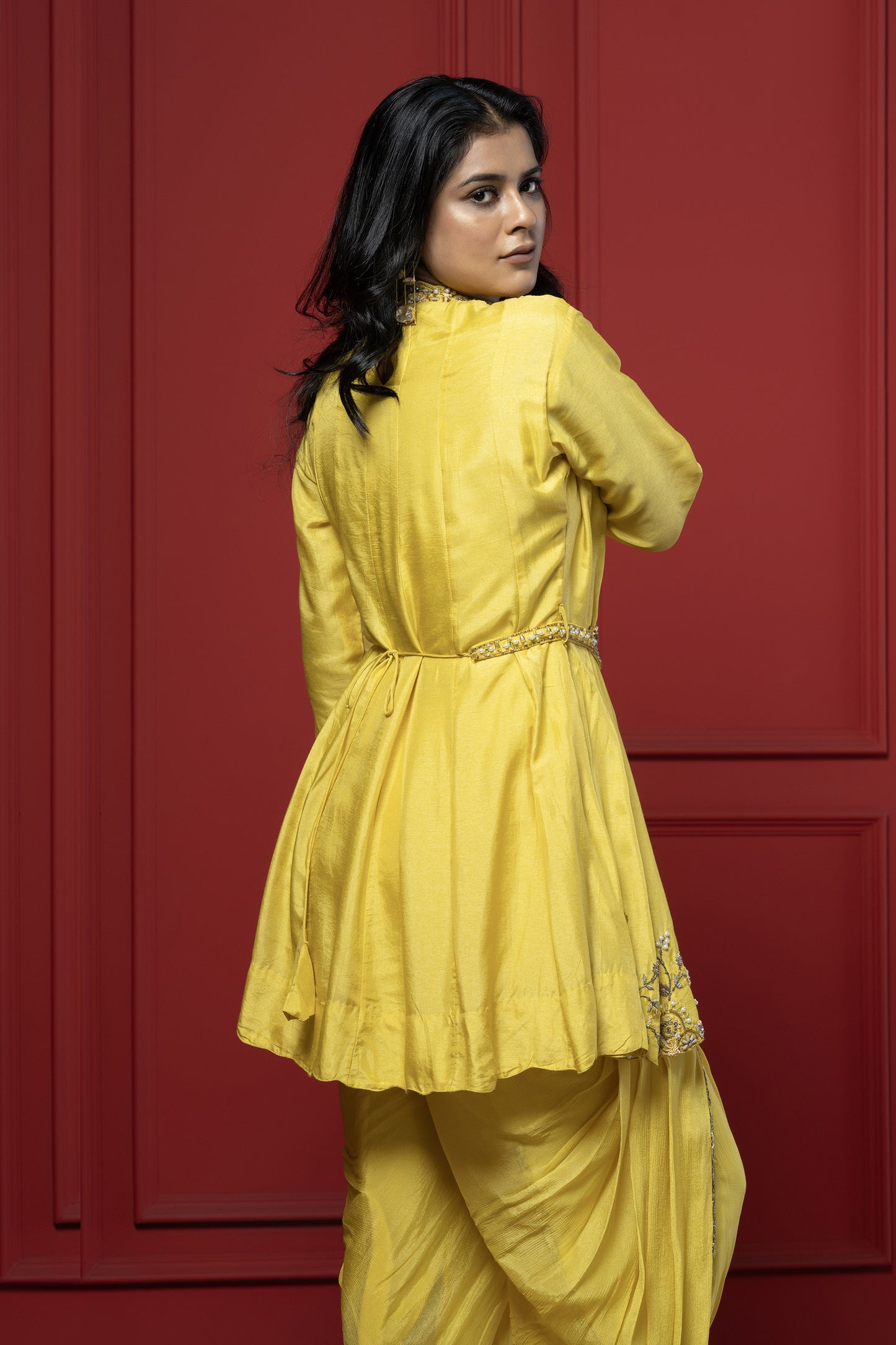 Yellow Dola Silk 3-Piece Peplum Dhoti Set