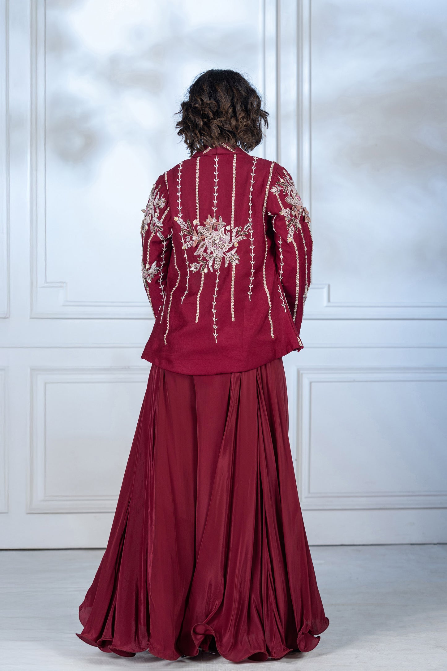 Maroon Upada Silk Embroidered Applique 3 Piece Set