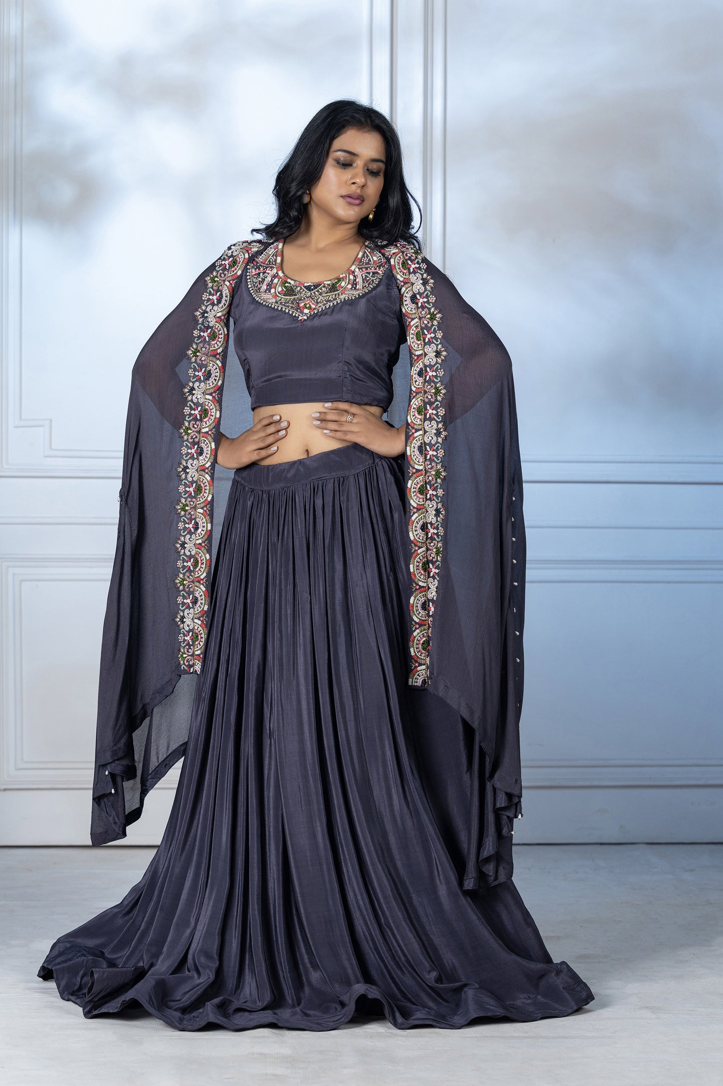 Steel Grey Crepe Cape Jacket Set