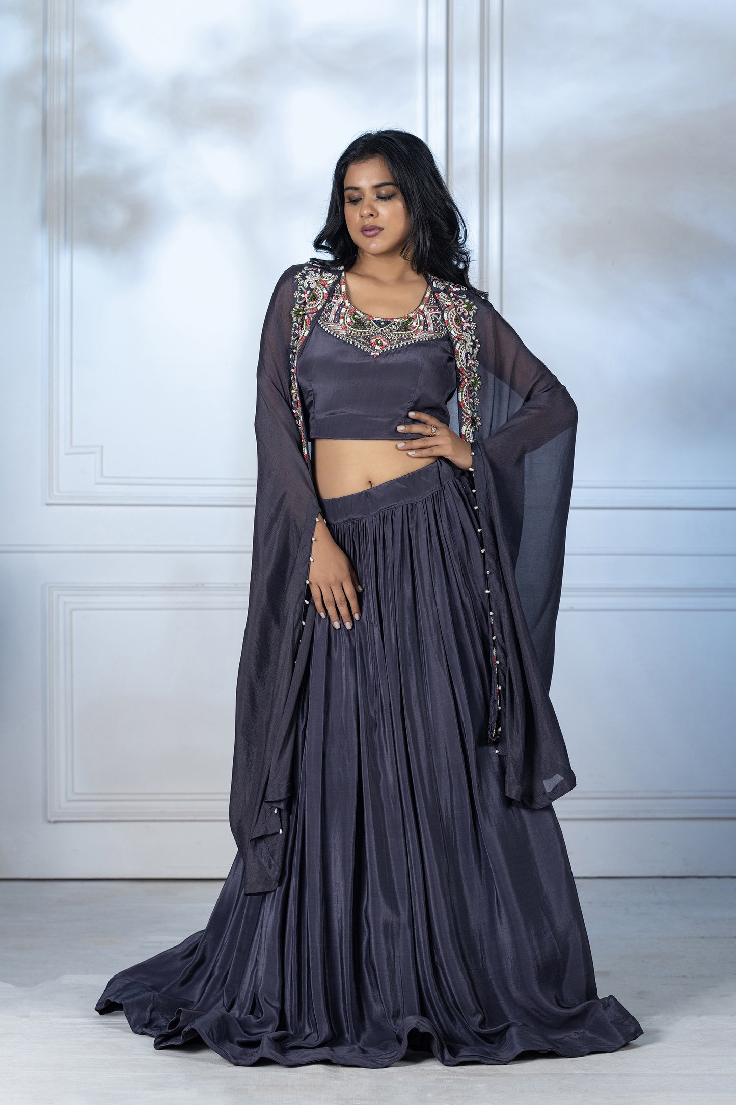 Steel Grey Crepe Cape Jacket Set