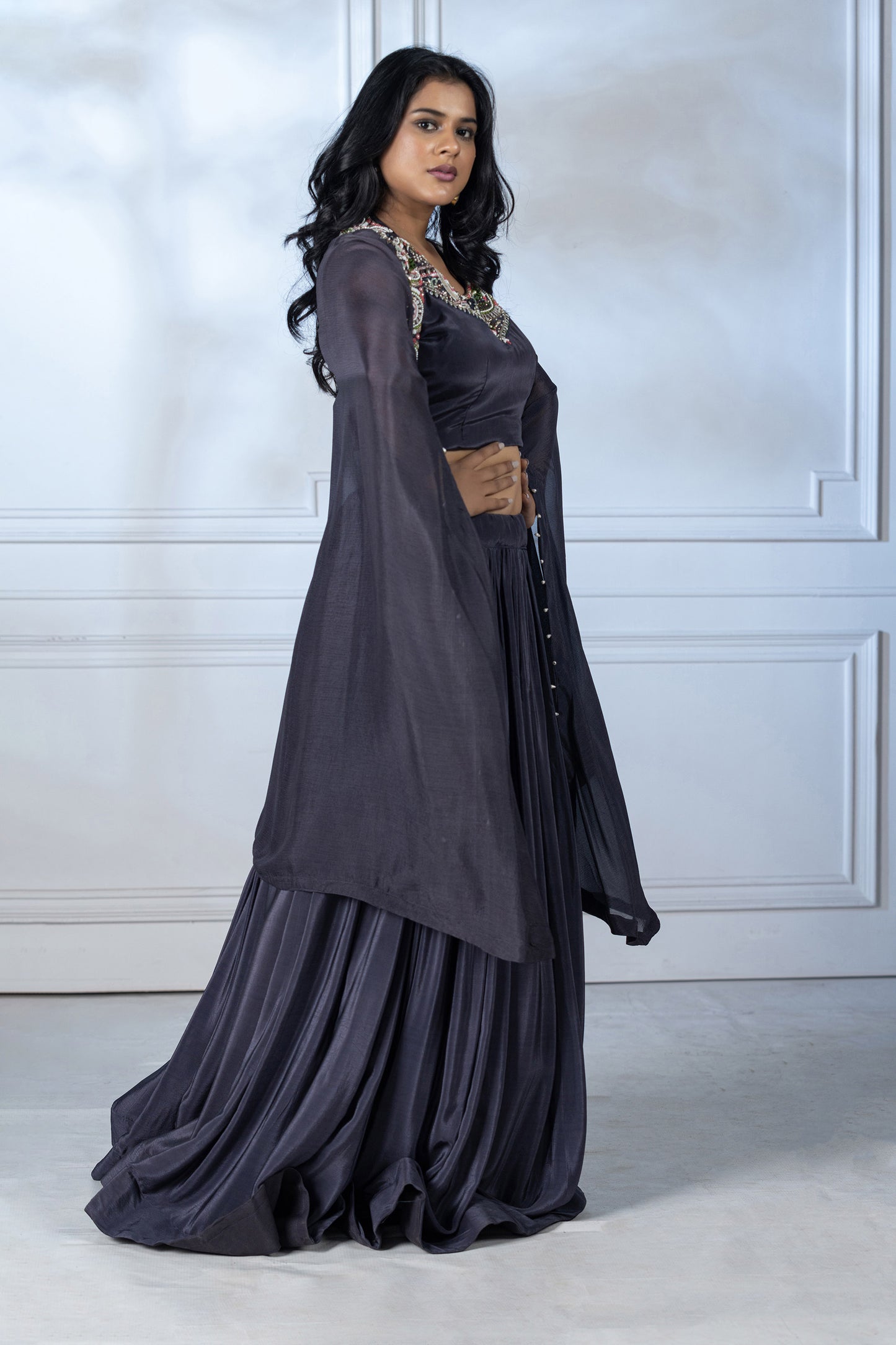 Steel Grey Crepe Cape Jacket Set