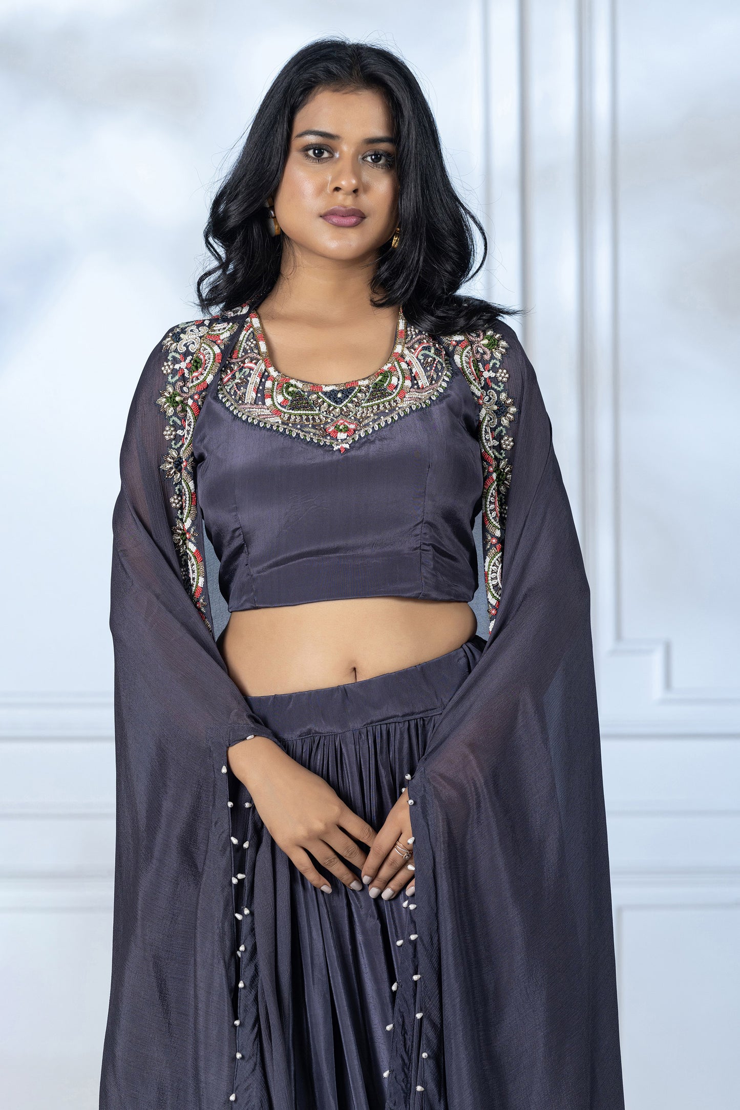 Steel Grey Crepe Cape Jacket Set