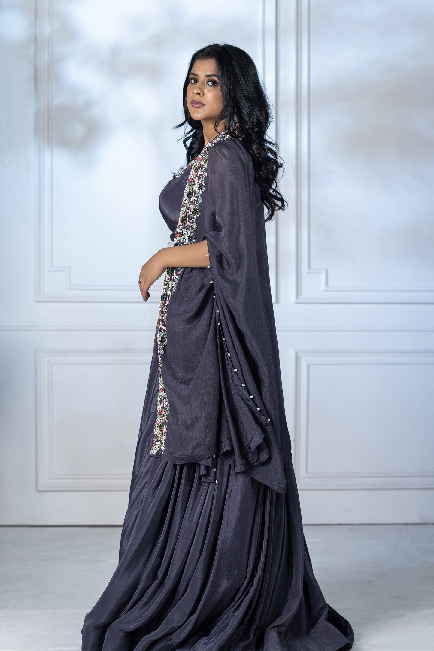 Steel Grey Crepe Cape Jacket Set