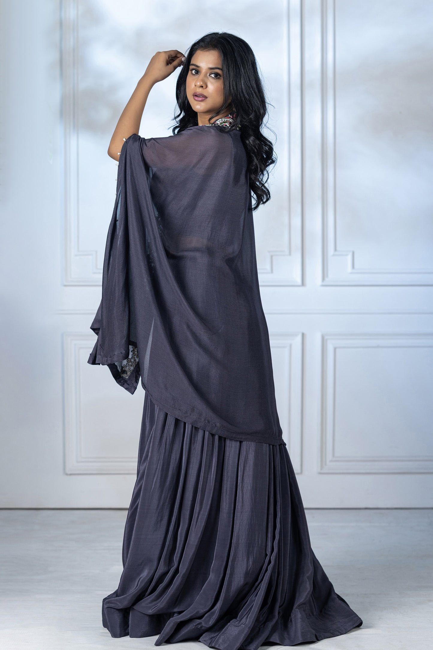 Steel Grey Crepe Cape Jacket Set