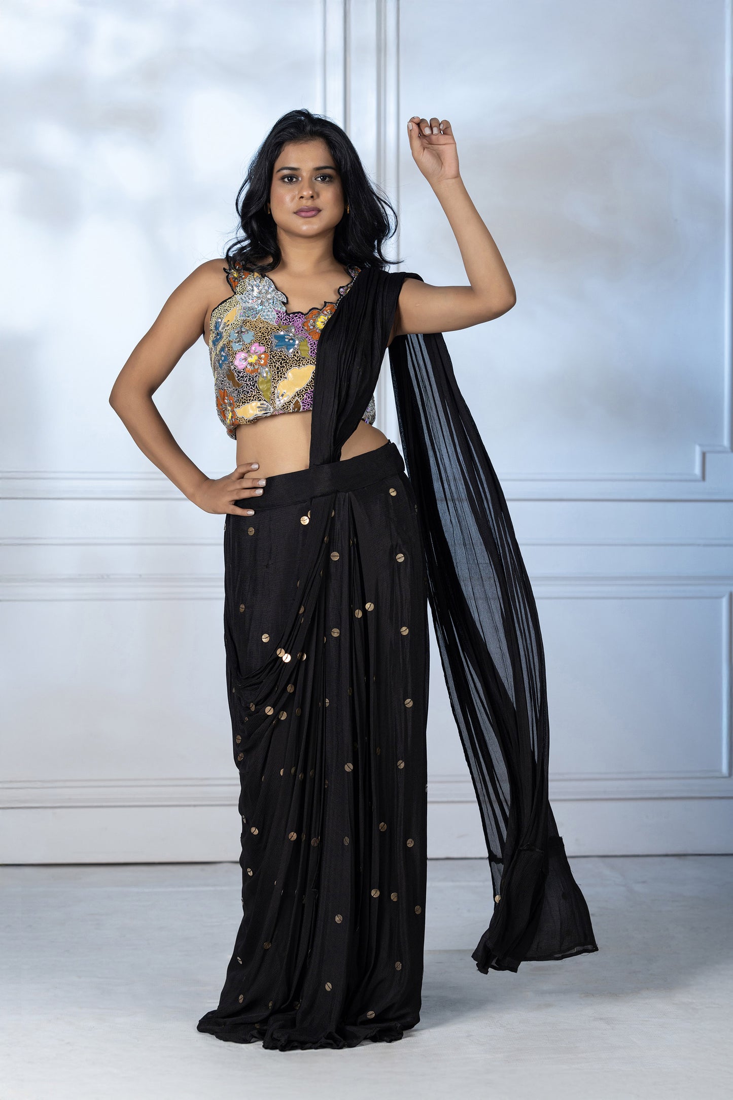 Black Hand painted Chinnon Cut dana Saree