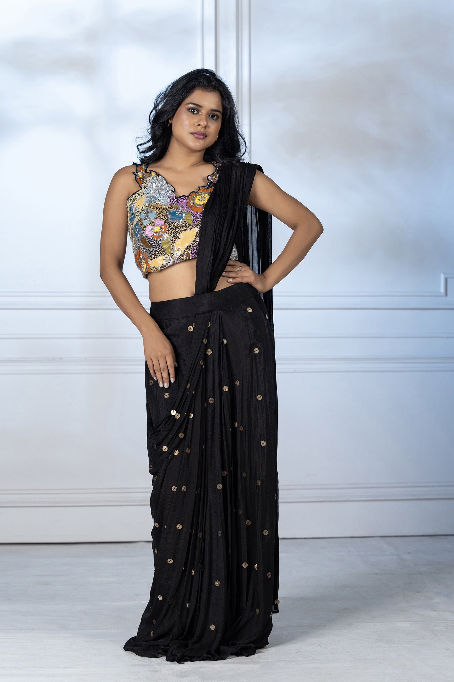 Black Hand painted Chinnon Cut dana Saree