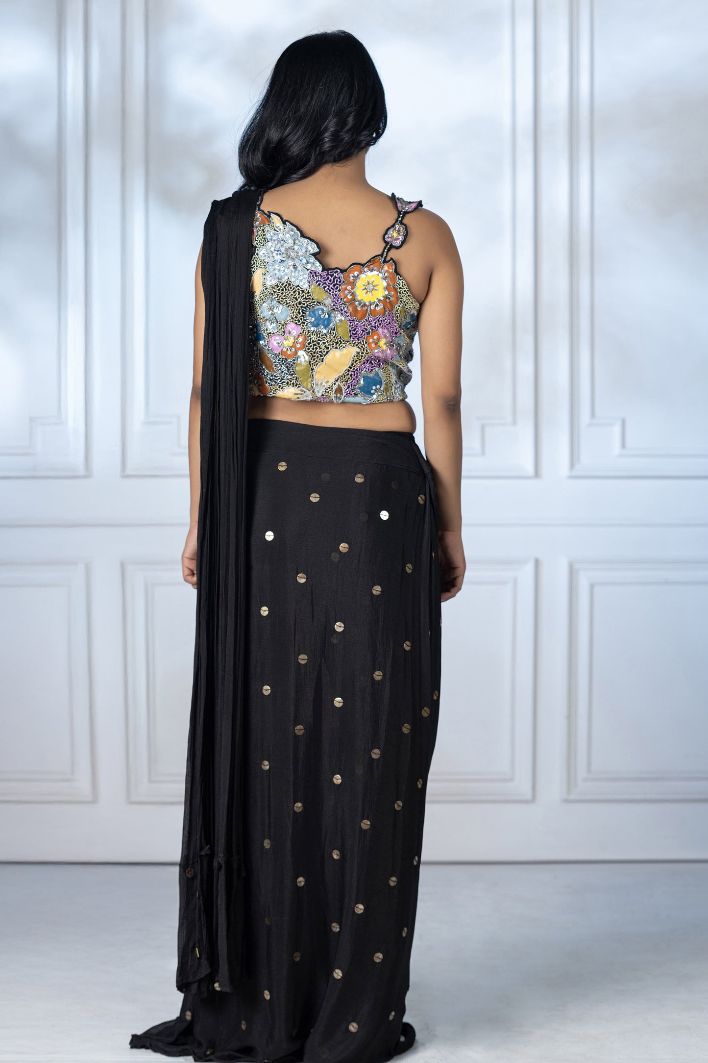 Black Hand painted Chinnon Cut dana Saree