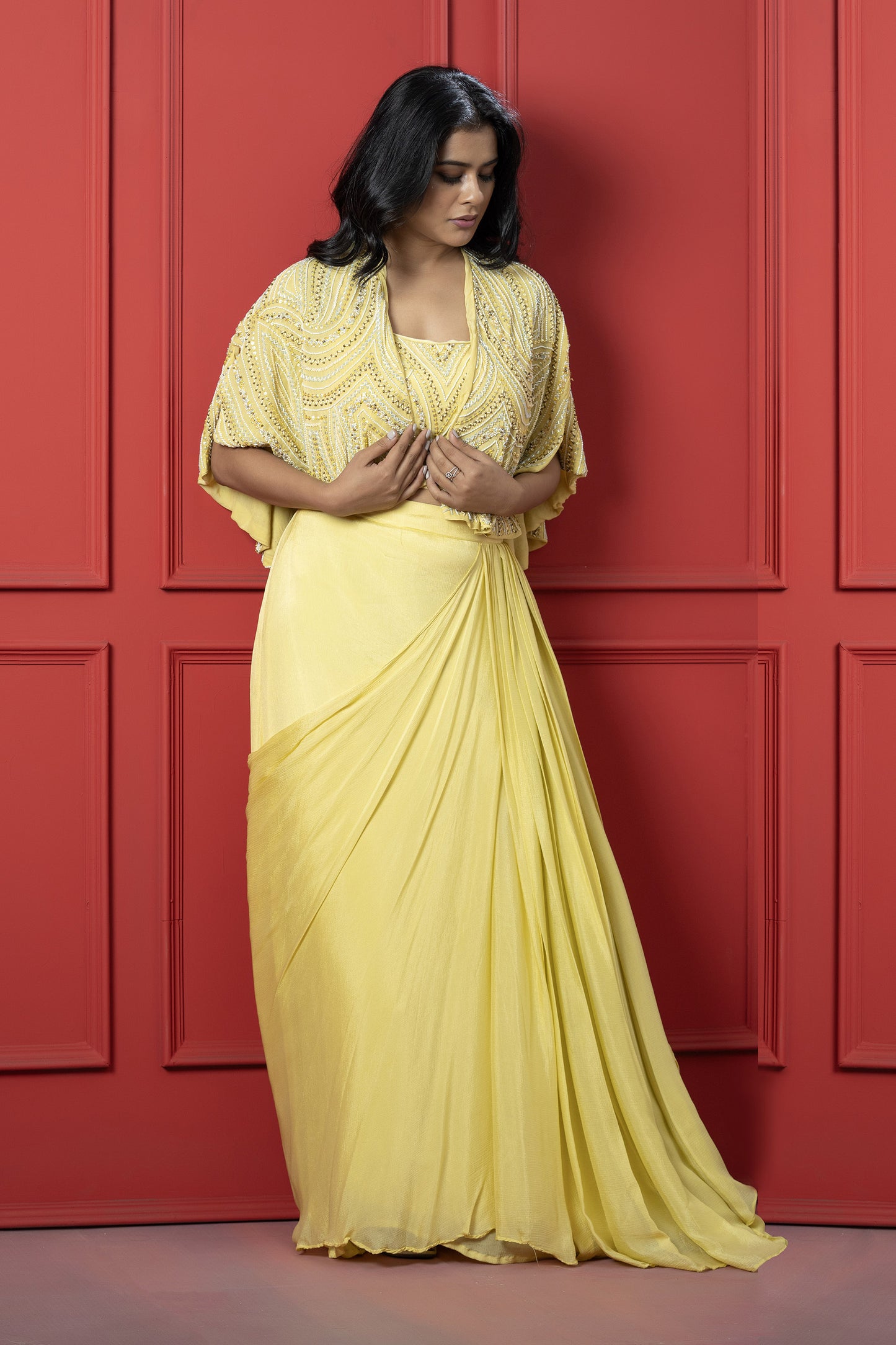 Yellow chinon Cape Style Jacket Set