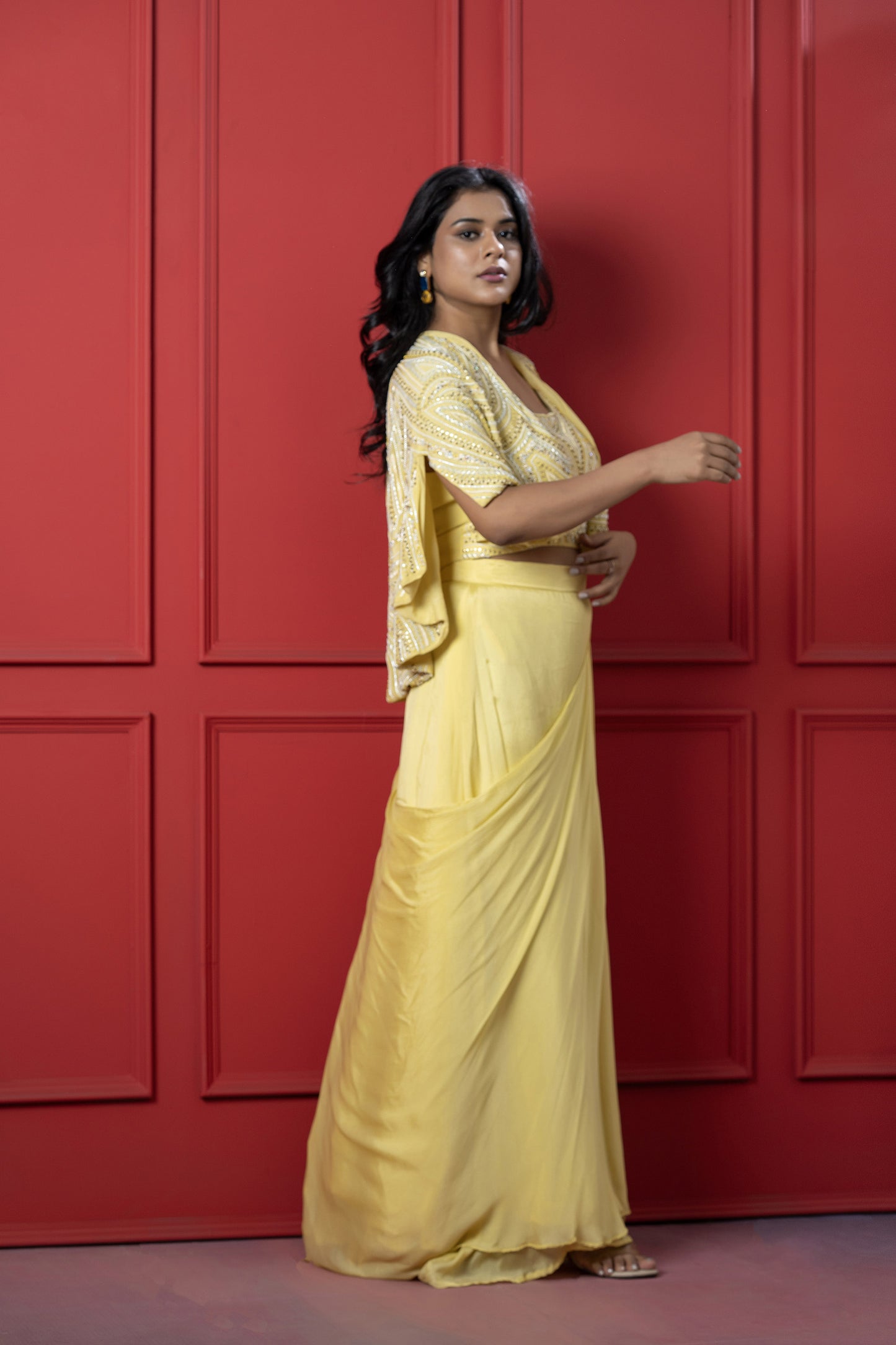 Yellow chinon Cape Style Jacket Set