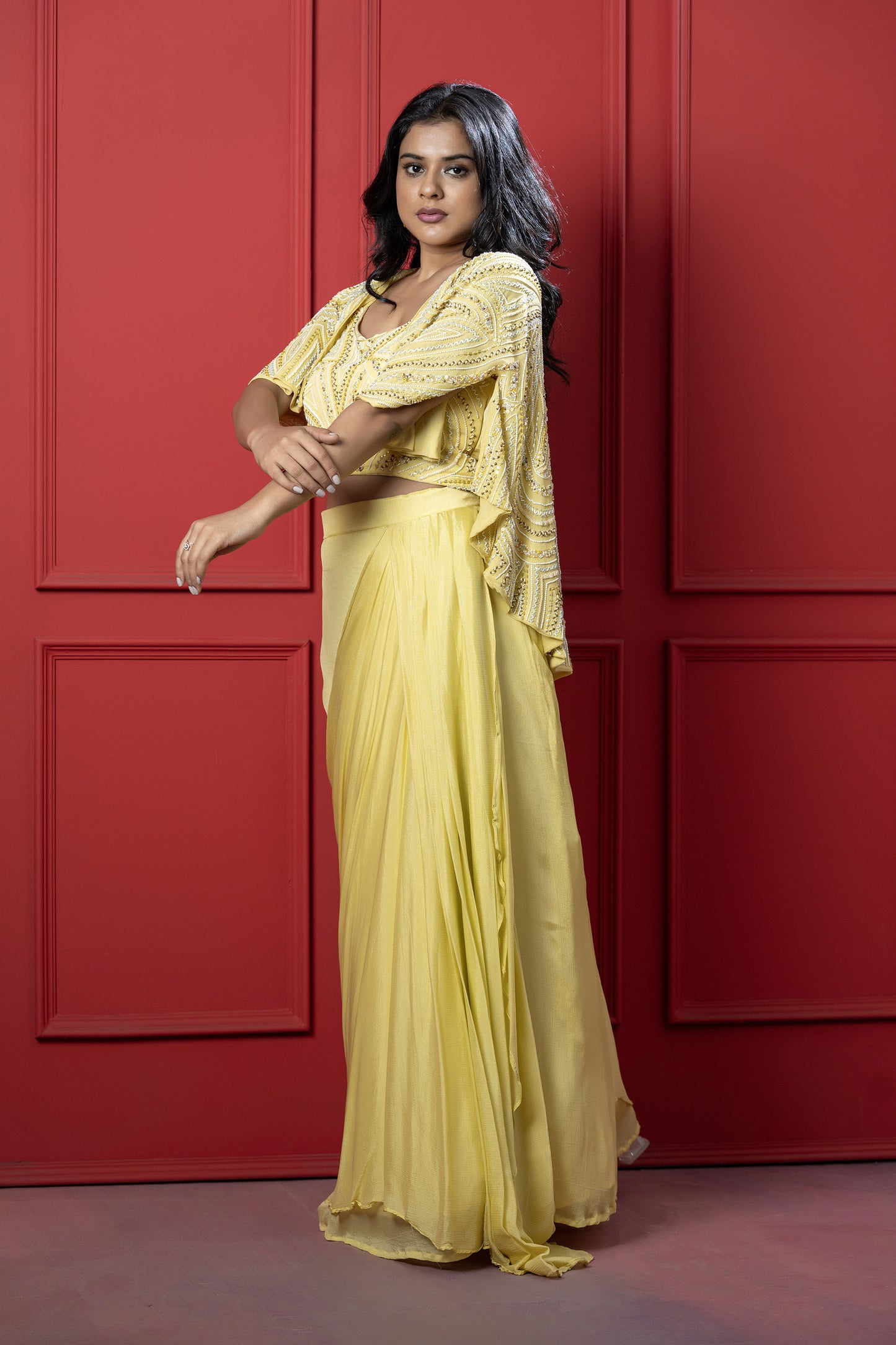 Yellow chinon Cape Style Jacket Set