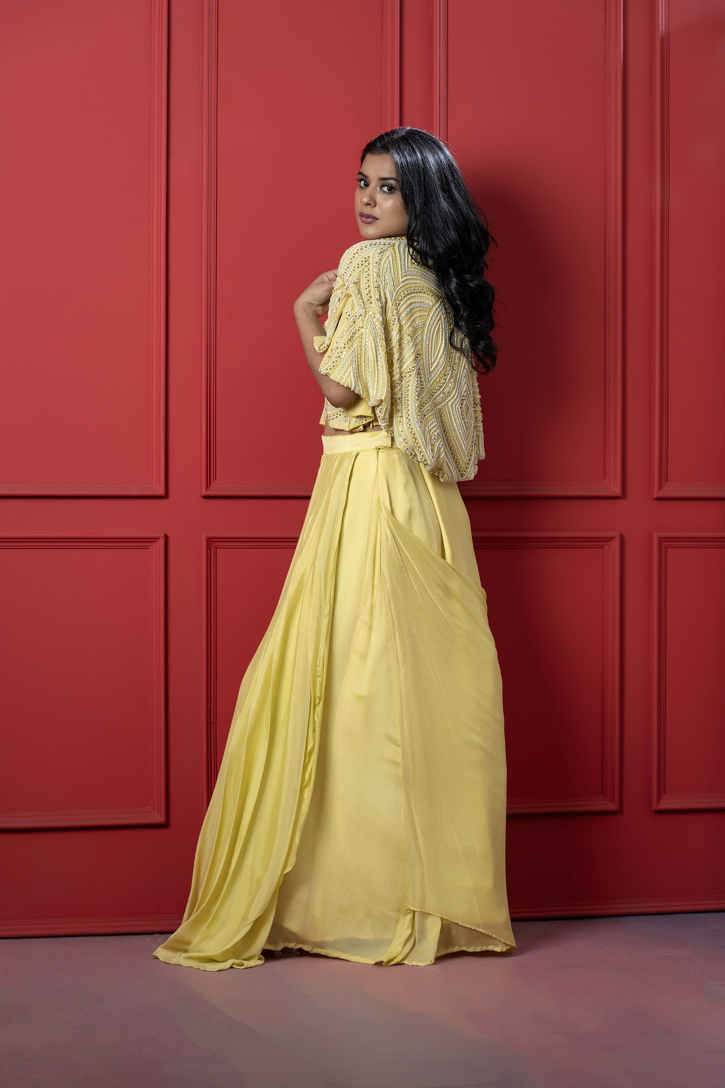 Yellow chinon Cape Style Jacket Set