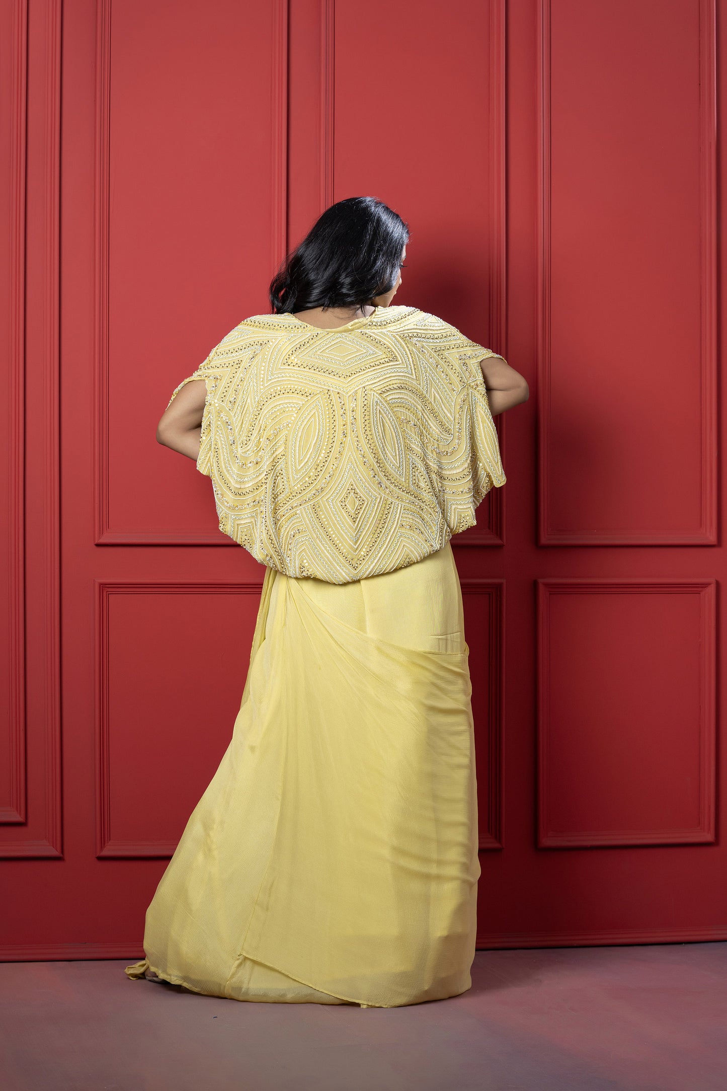 Yellow chinon Cape Style Jacket Set