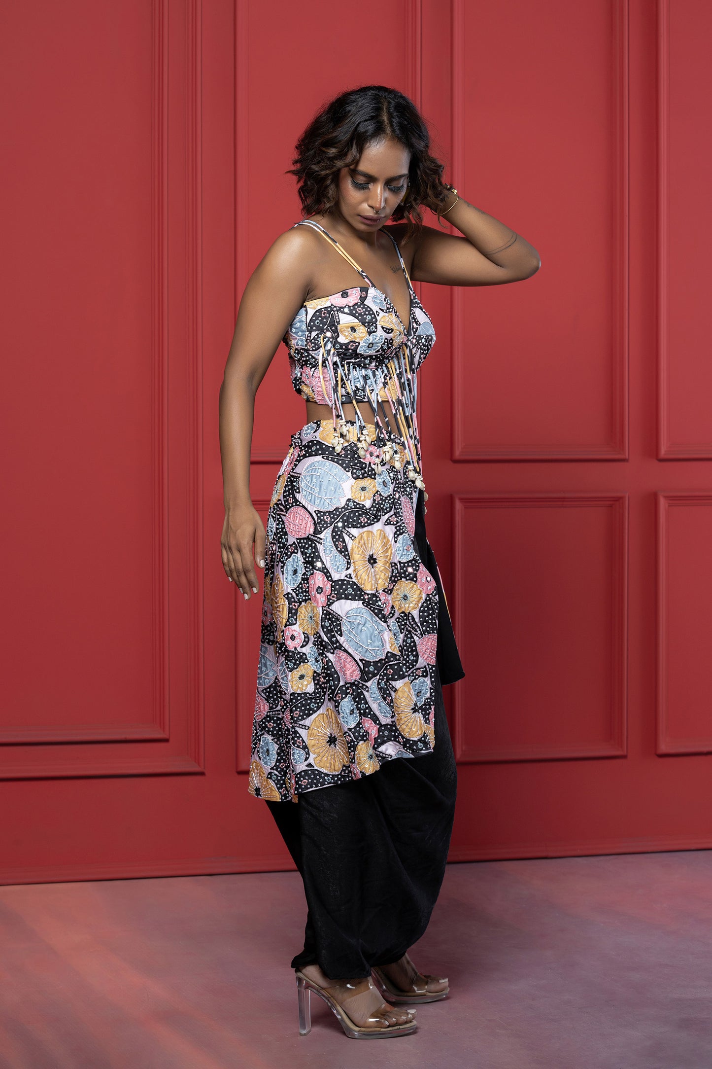 Black Psuede Printed-Indo western Dhoti Set