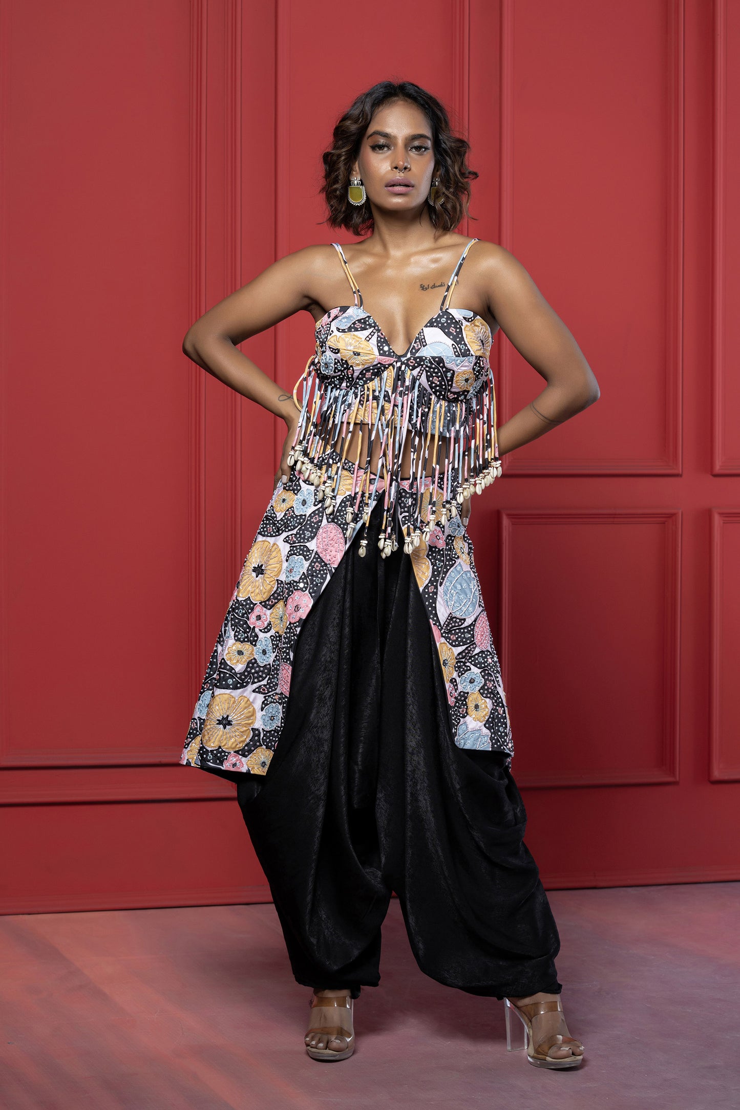 Black Psuede Printed-Indo western Dhoti Set