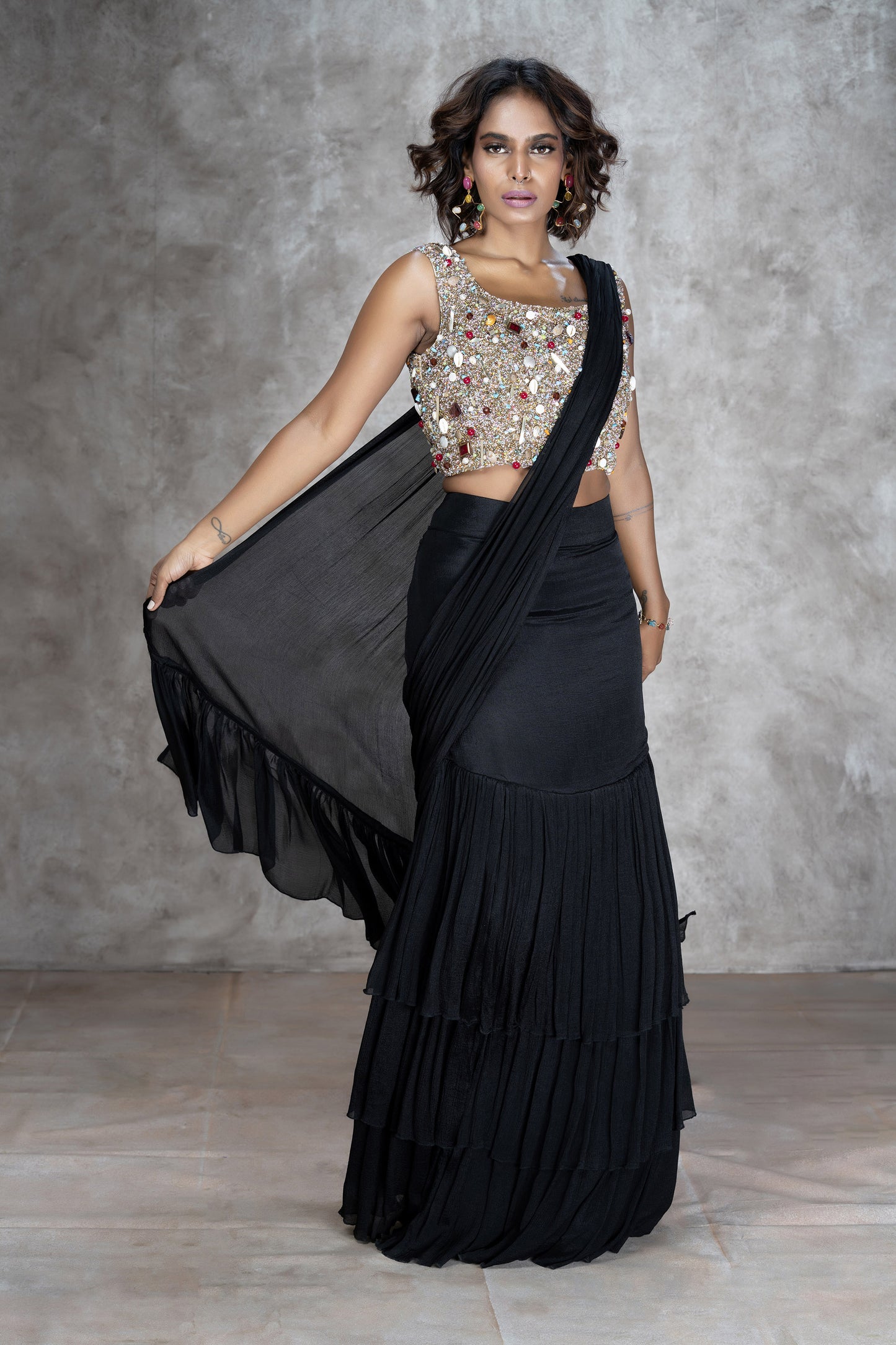 Black Chinnon Khichadi Saree