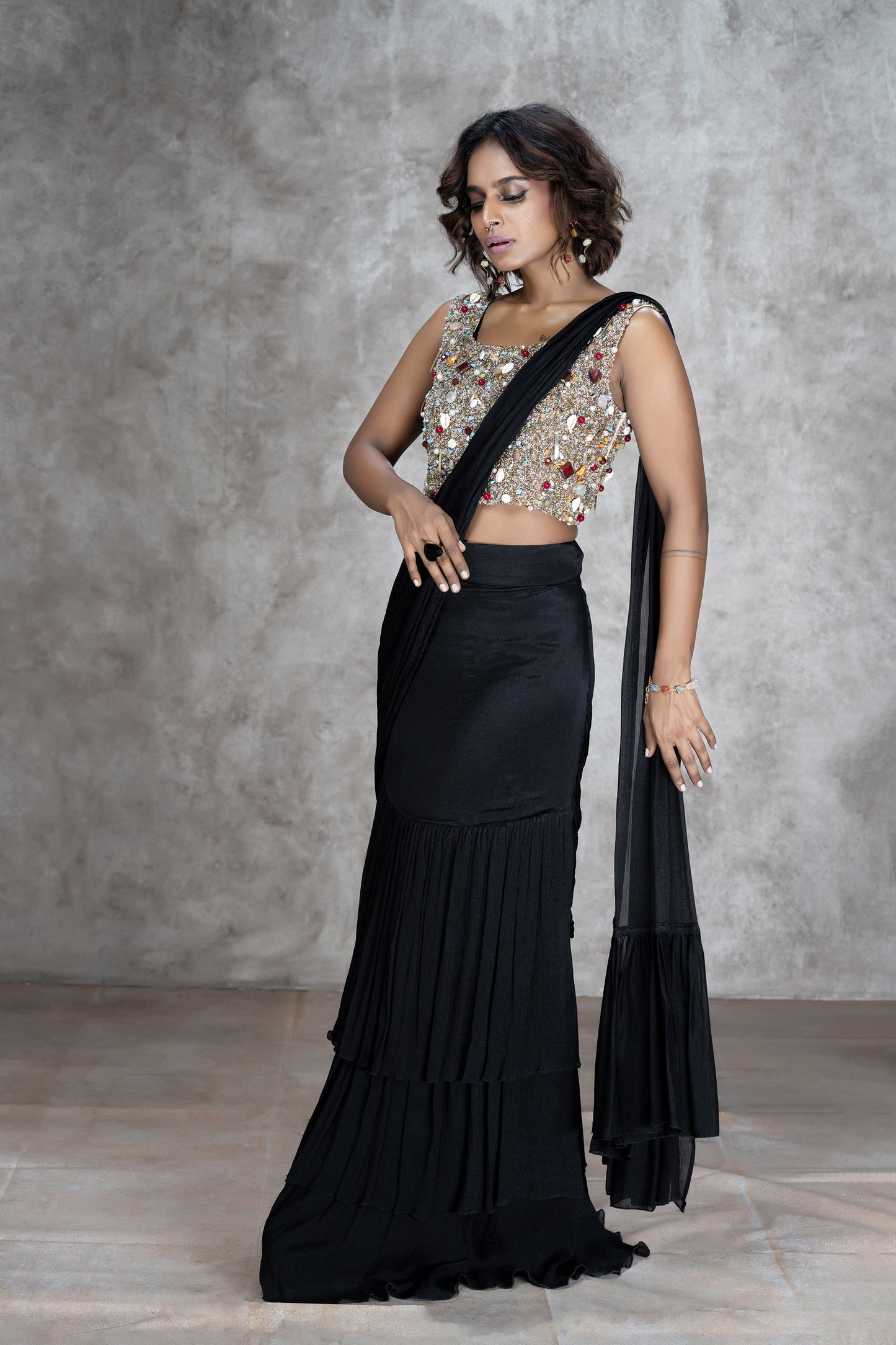 Black Chinnon Khichadi Saree