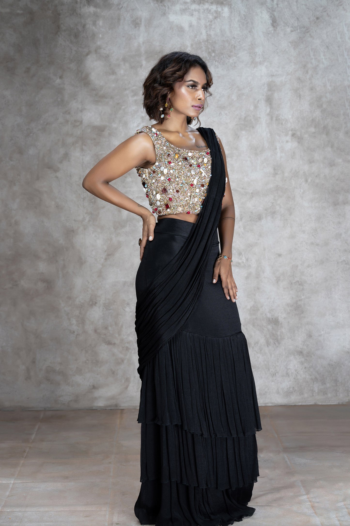 Black Chinnon Khichadi Saree