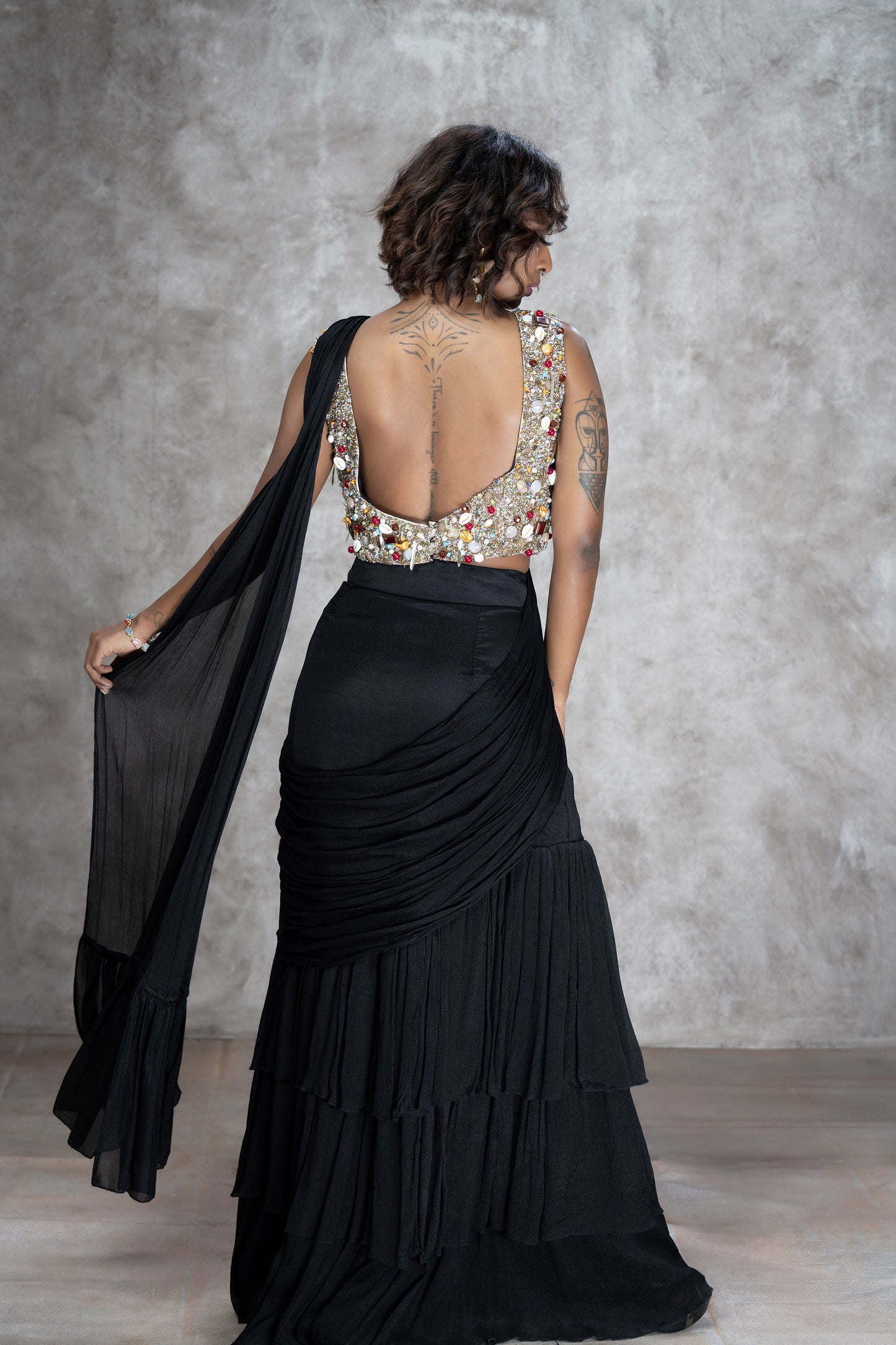 Black Chinnon Khichadi Saree