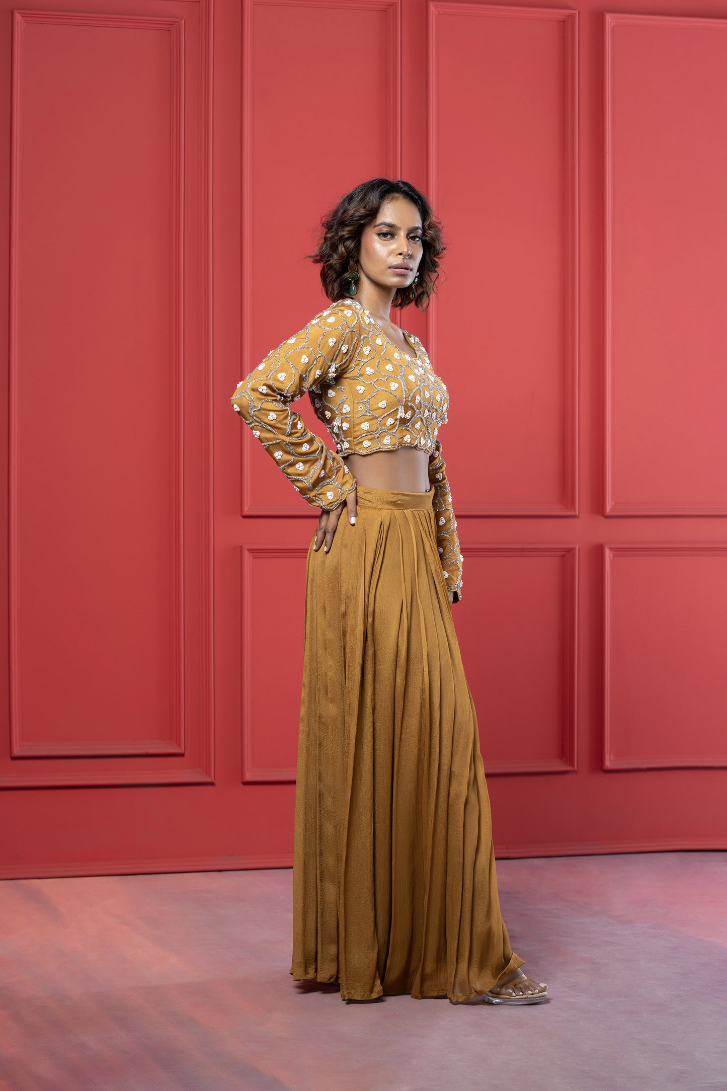 Yellow ochre Dola Silk Embroidered Crop Top Palazzo Set