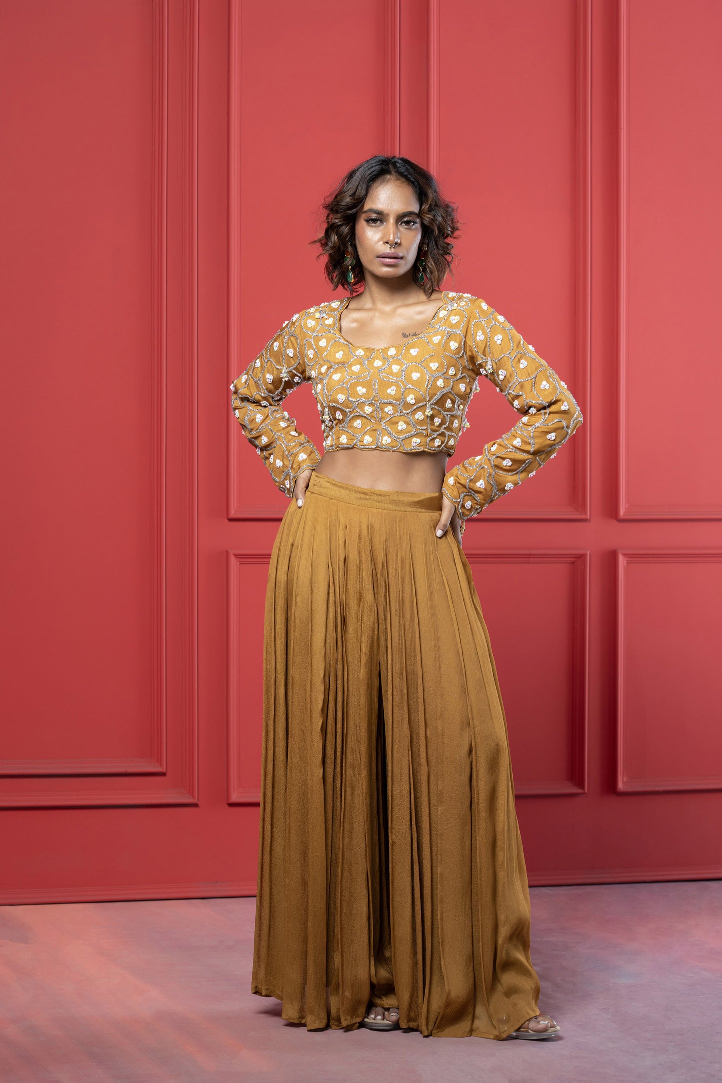 Yellow ochre Dola Silk Embroidered Crop Top Palazzo Set