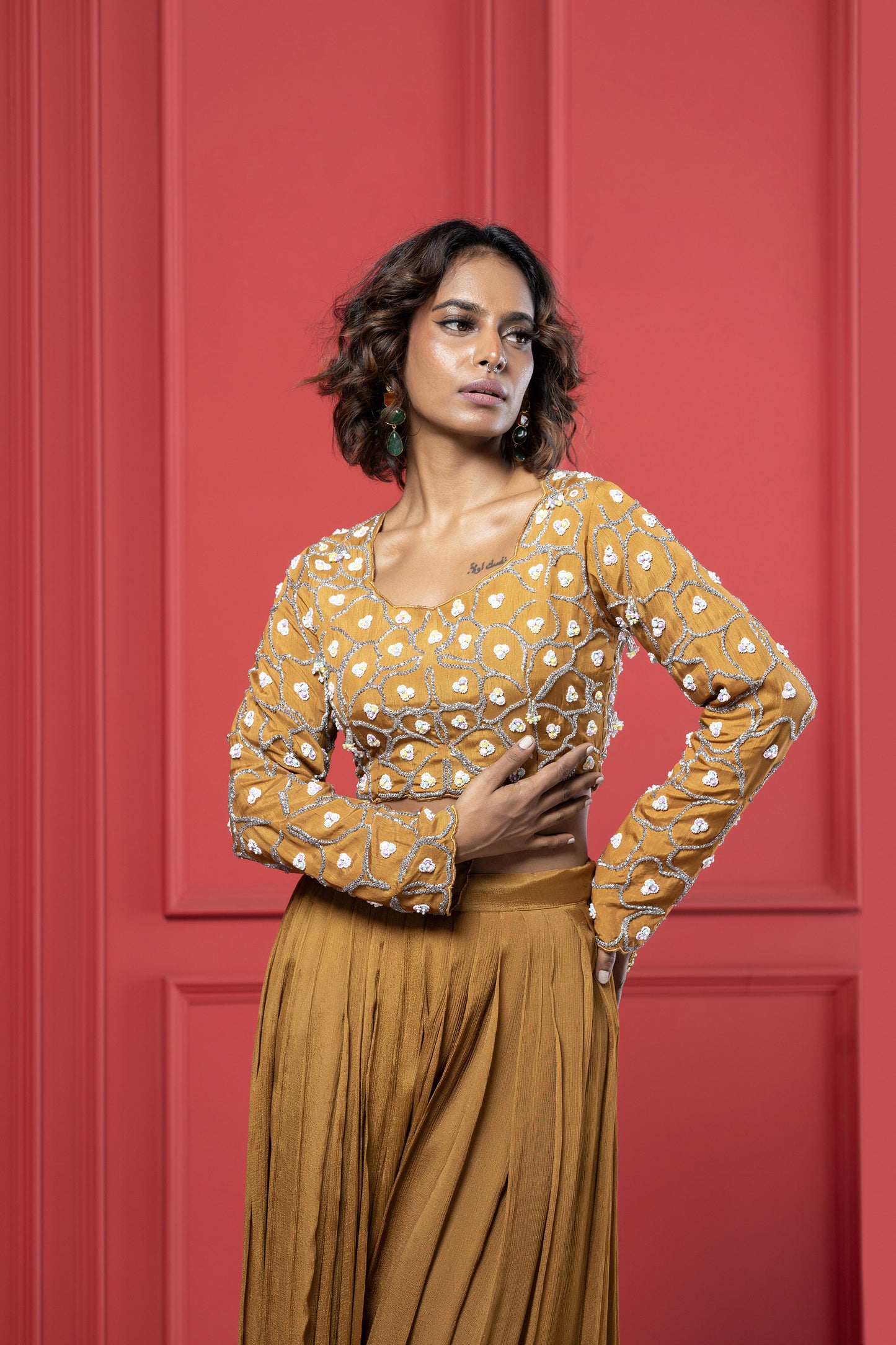 Yellow ochre Dola Silk Embroidered Crop Top Palazzo Set