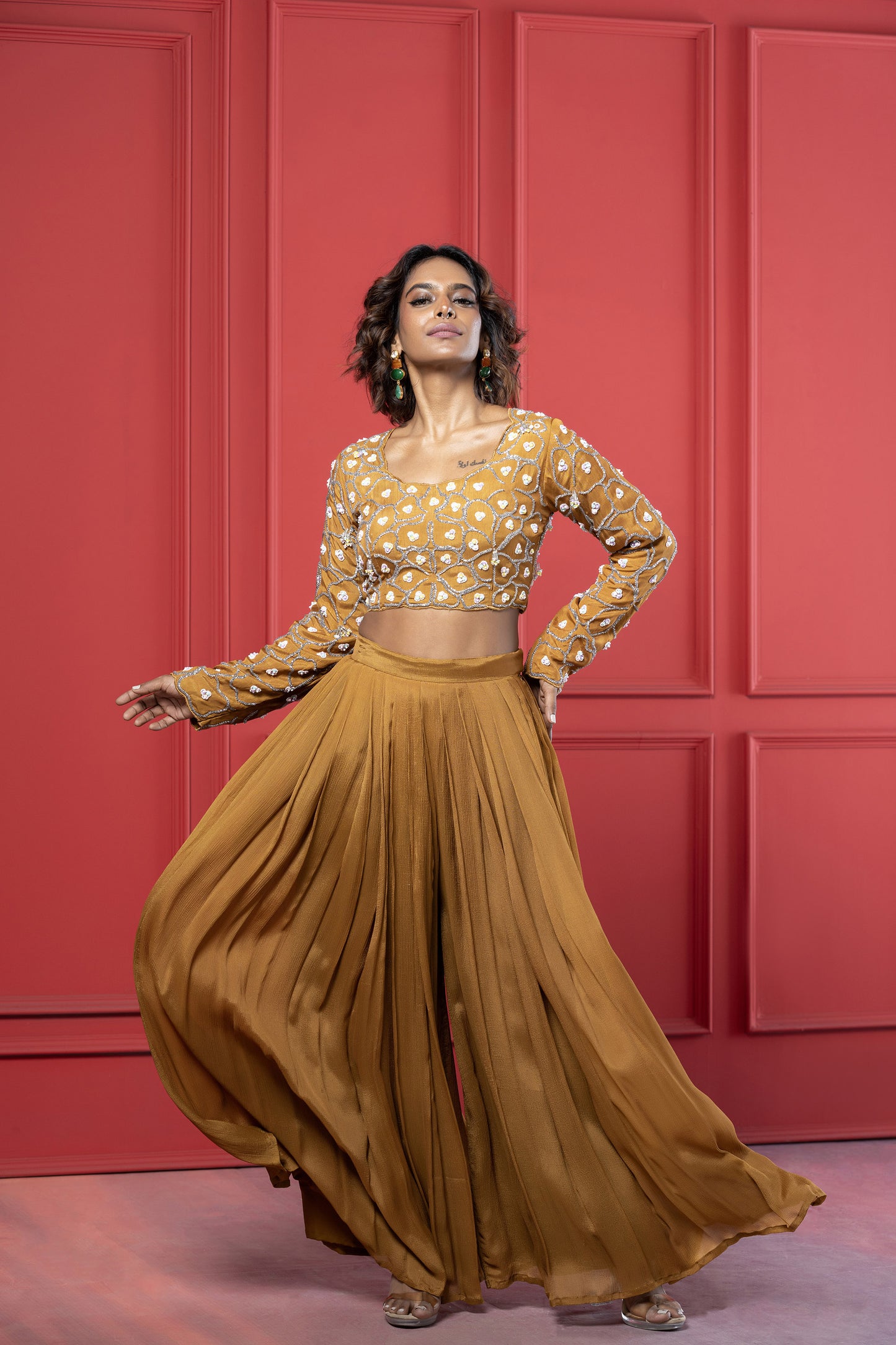 Yellow ochre Dola Silk Embroidered Crop Top Palazzo Set