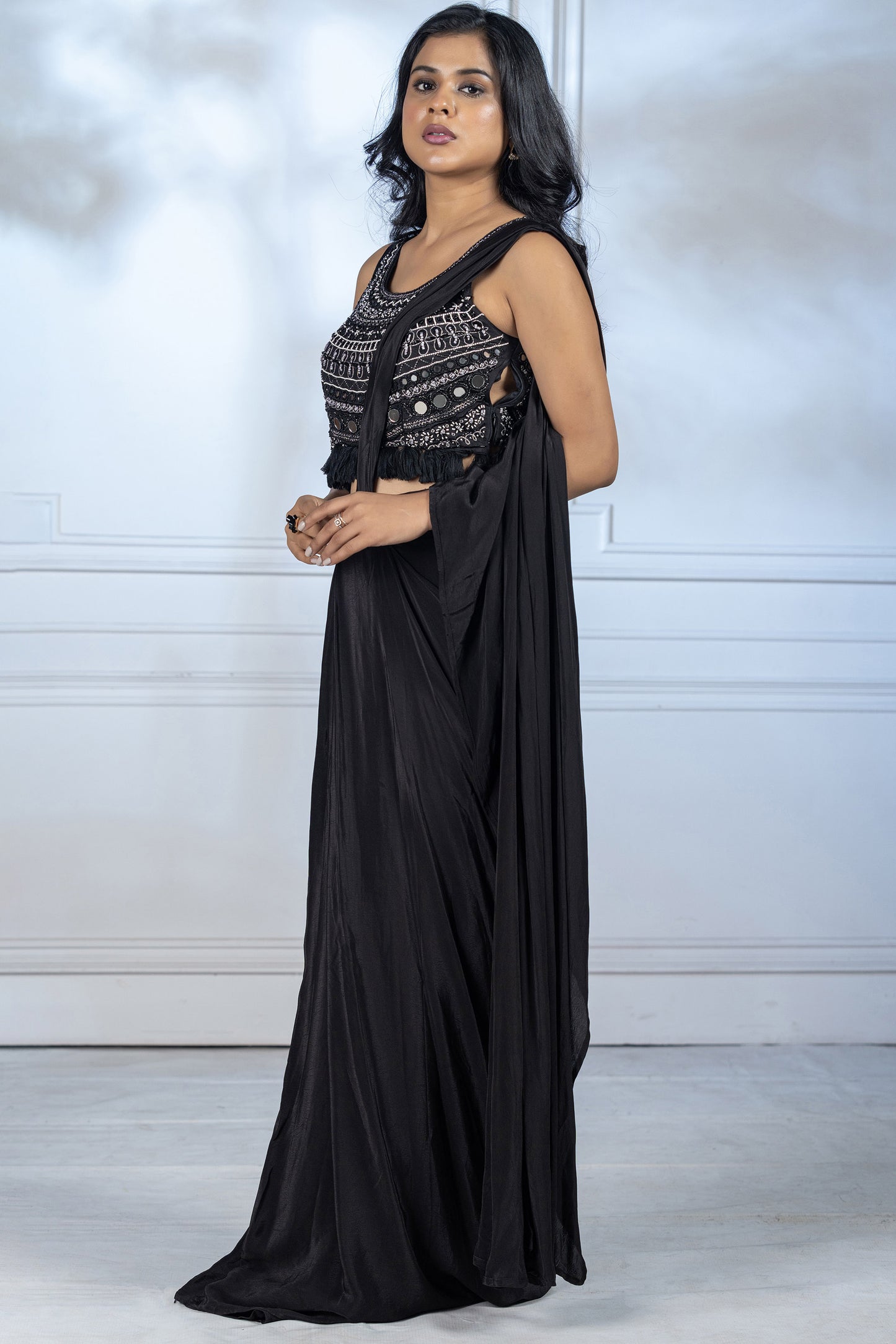 Charcoal Grey Dola Silk Drape Saree