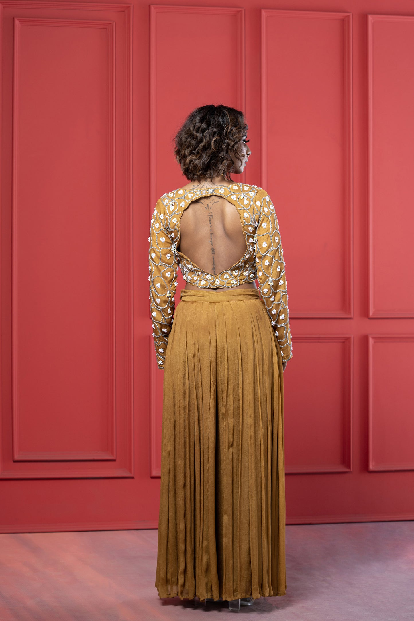 Yellow ochre Dola Silk Embroidered Crop Top Palazzo Set