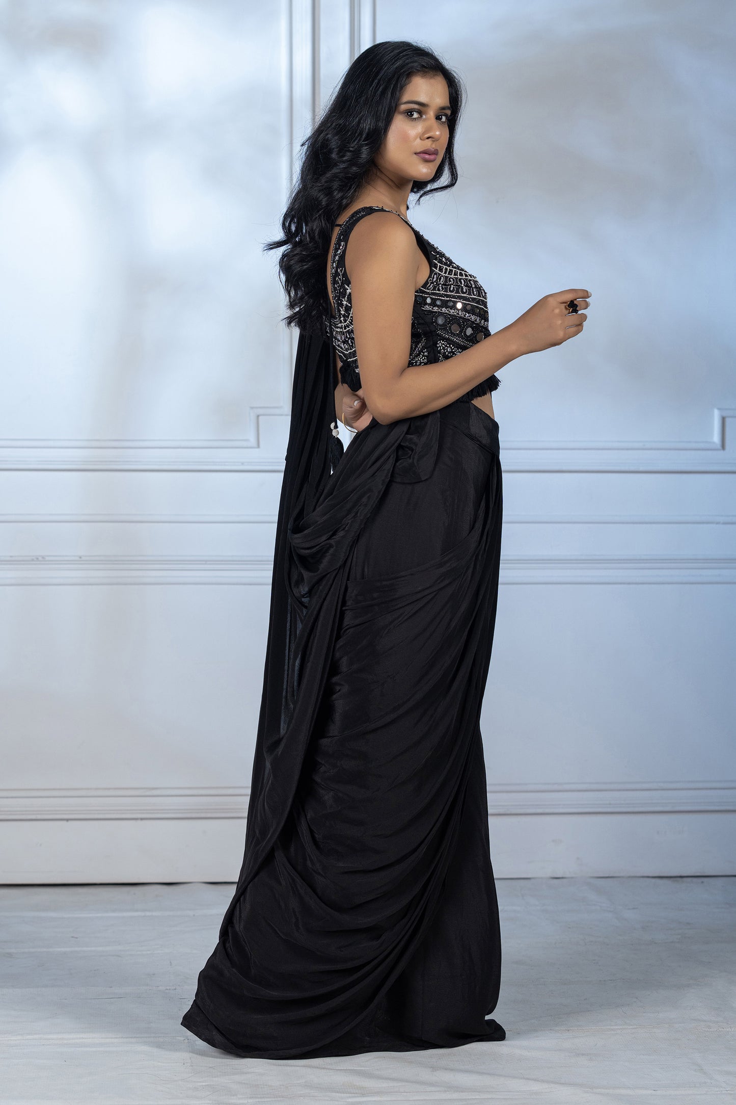 Charcoal Grey Dola Silk Drape Saree
