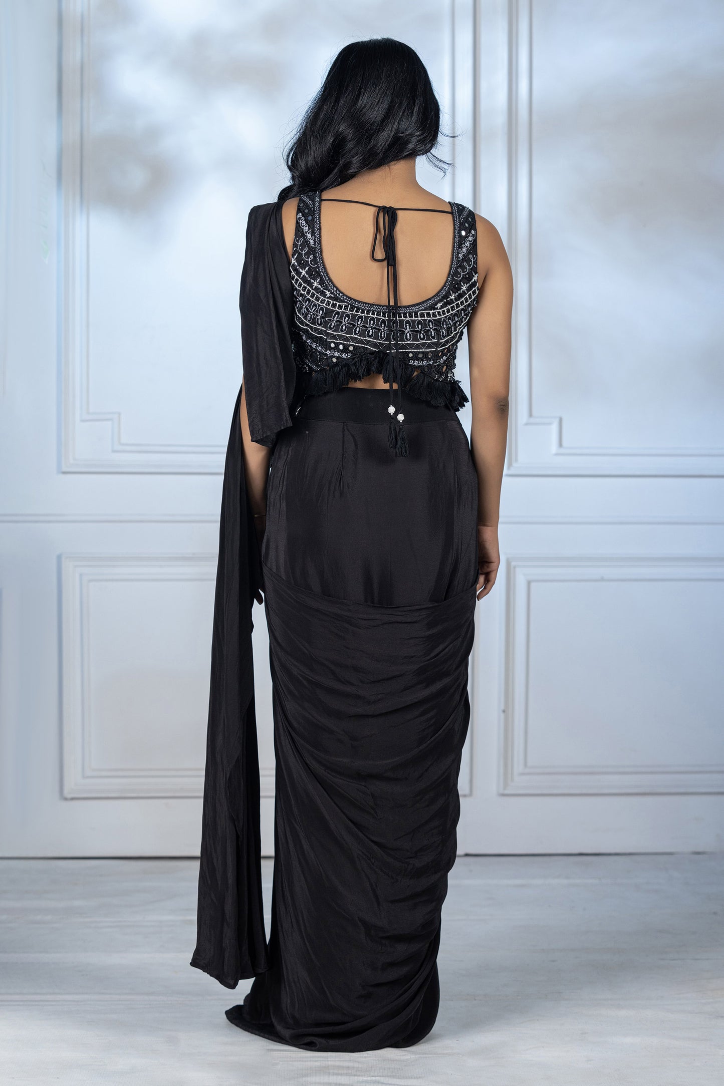 Charcoal Grey Dola Silk Drape Saree