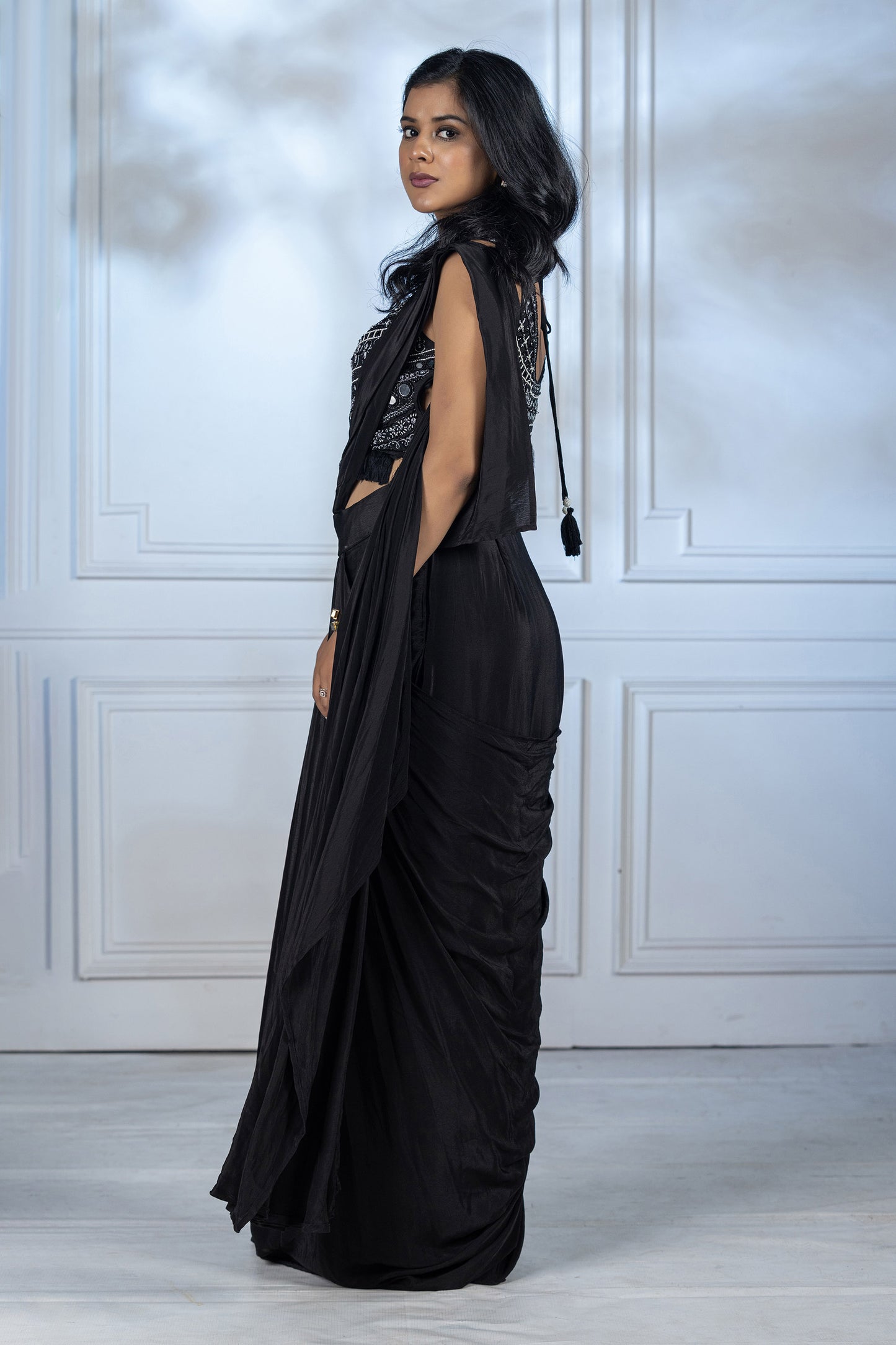 Charcoal Grey Dola Silk Drape Saree