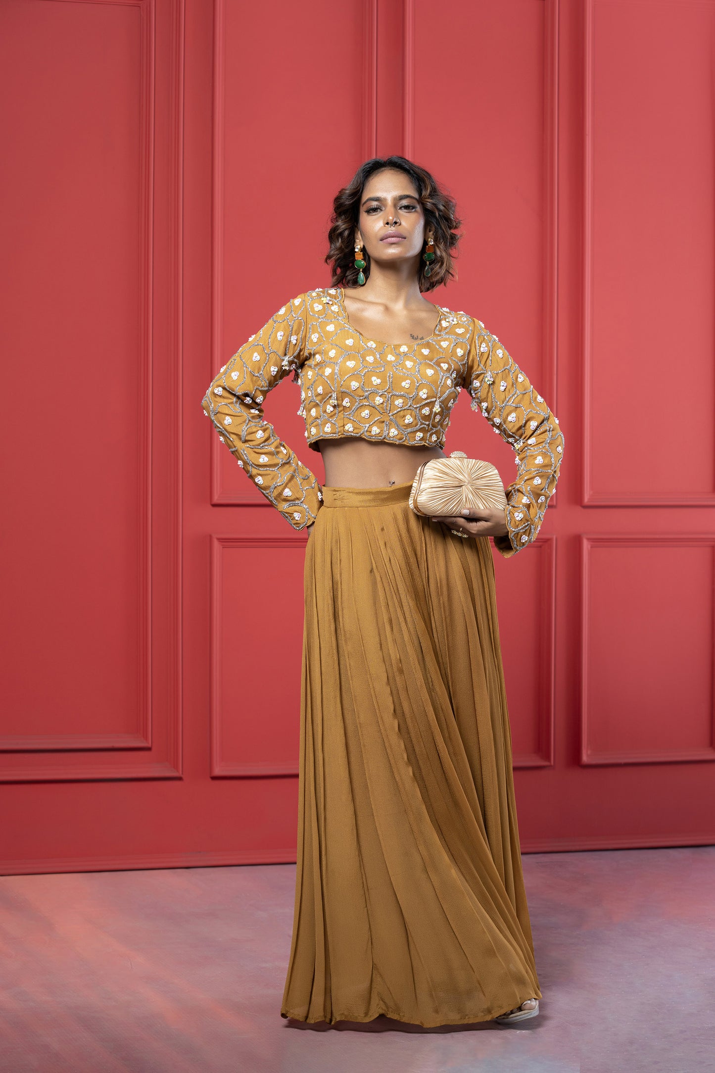 Yellow ochre Dola Silk Embroidered Crop Top Palazzo Set