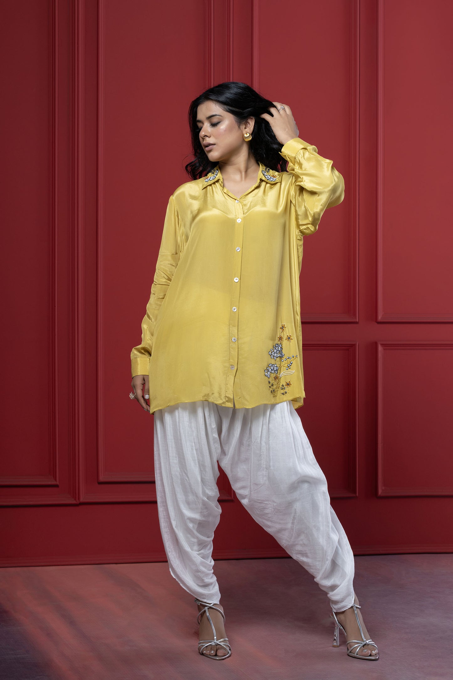 Yellow Floral Dhoti Set